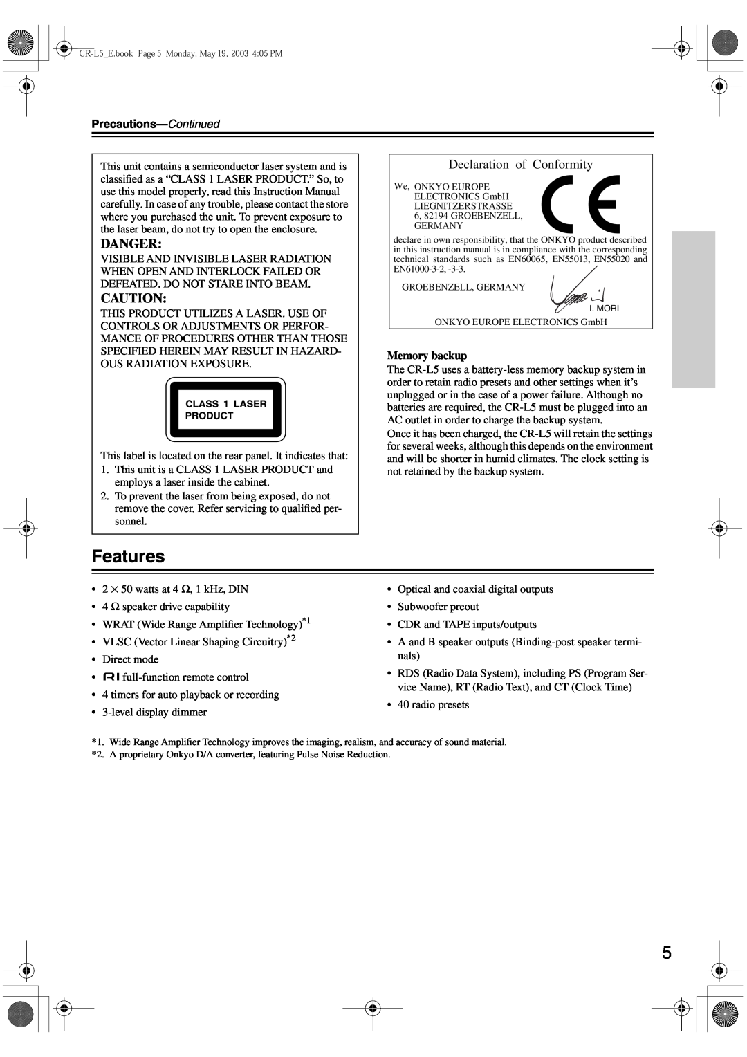 Onkyo CR-L5 instruction manual Features, Danger, Declaration of Conformity, Memory backup 