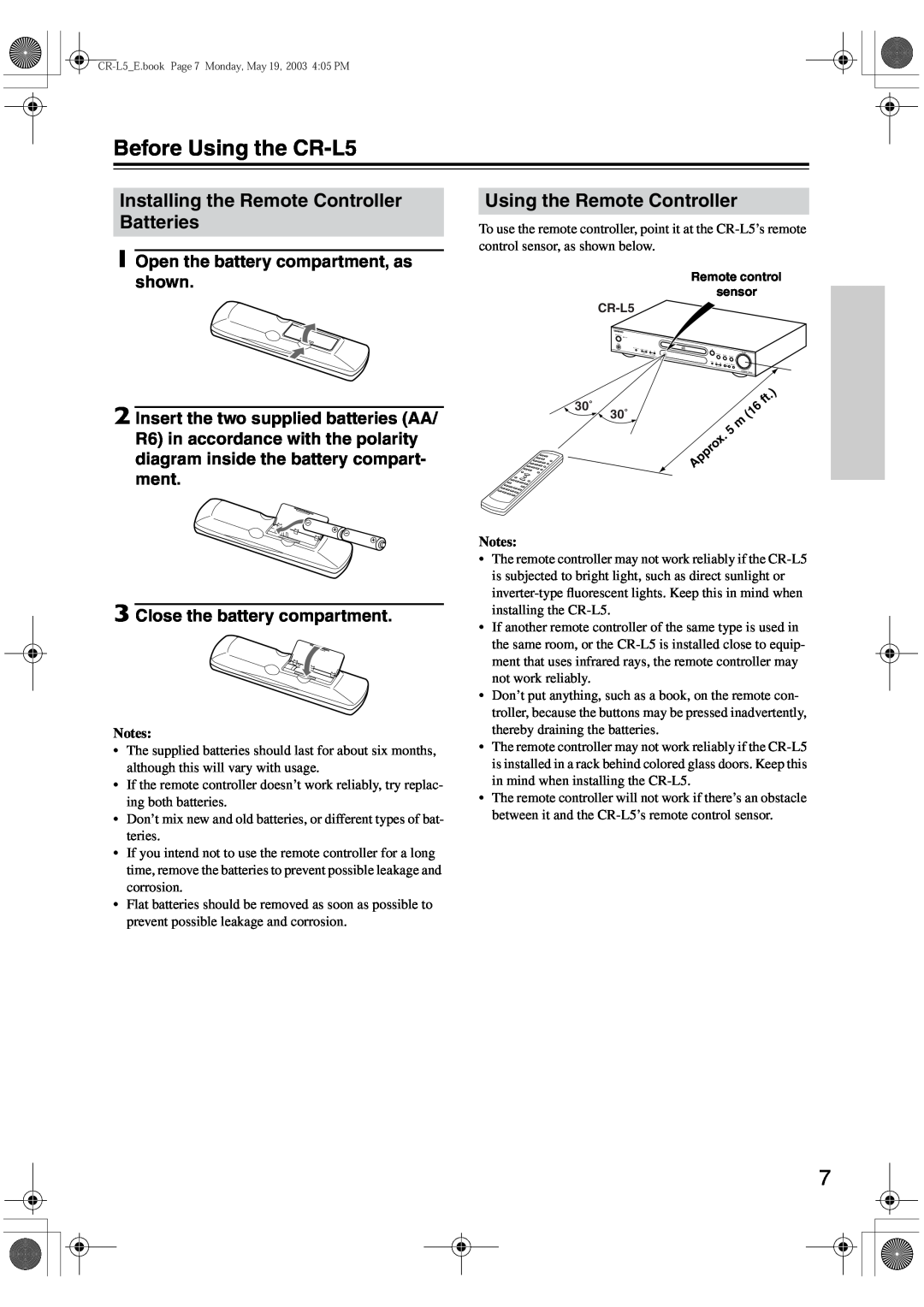 Onkyo instruction manual Before Using the CR-L5, Installing the Remote Controller Batteries, Using the Remote Controller 