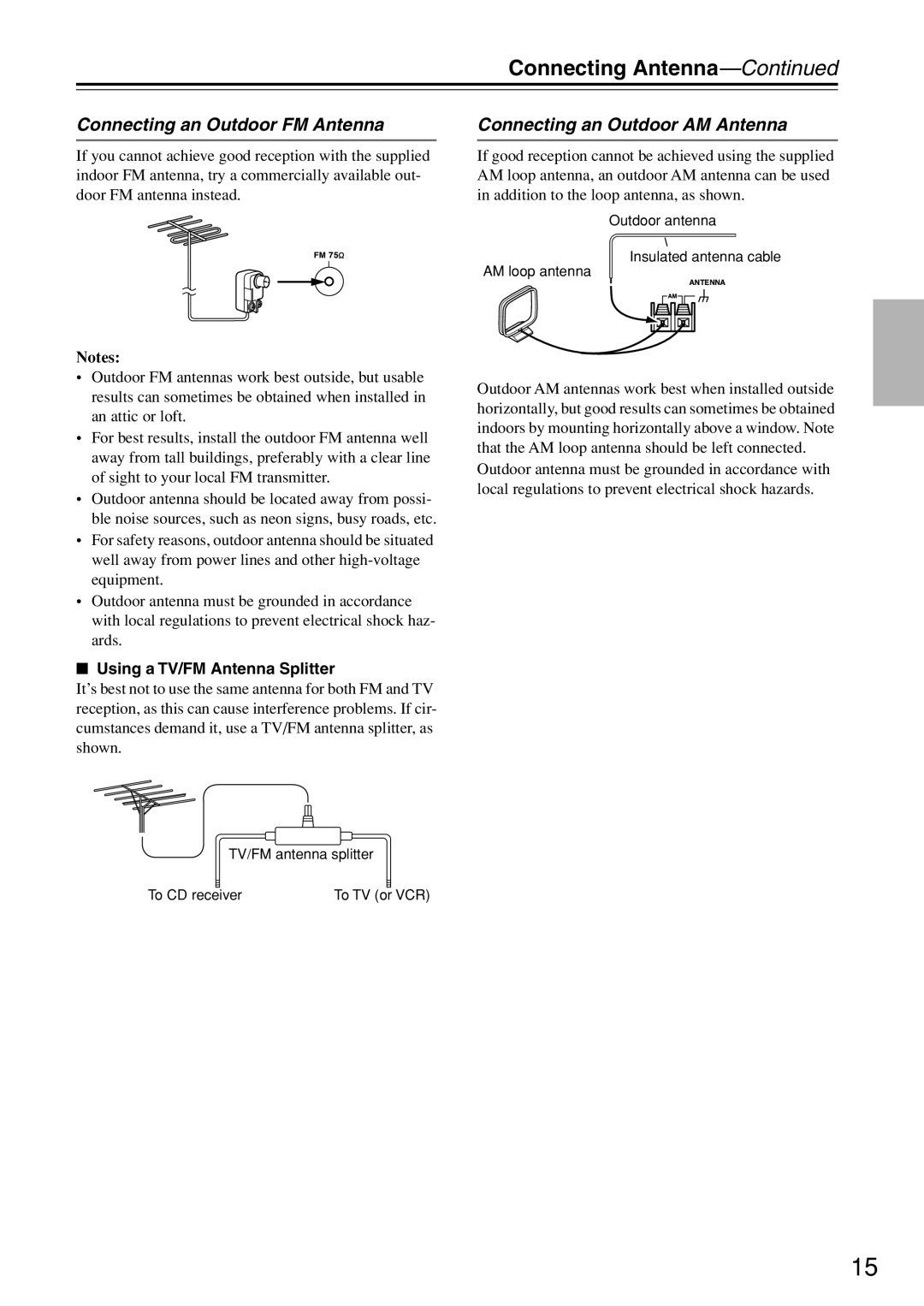 Onkyo CR-N7 instruction manual Connecting Antenna, Connecting an Outdoor FM Antenna, Connecting an Outdoor AM Antenna 