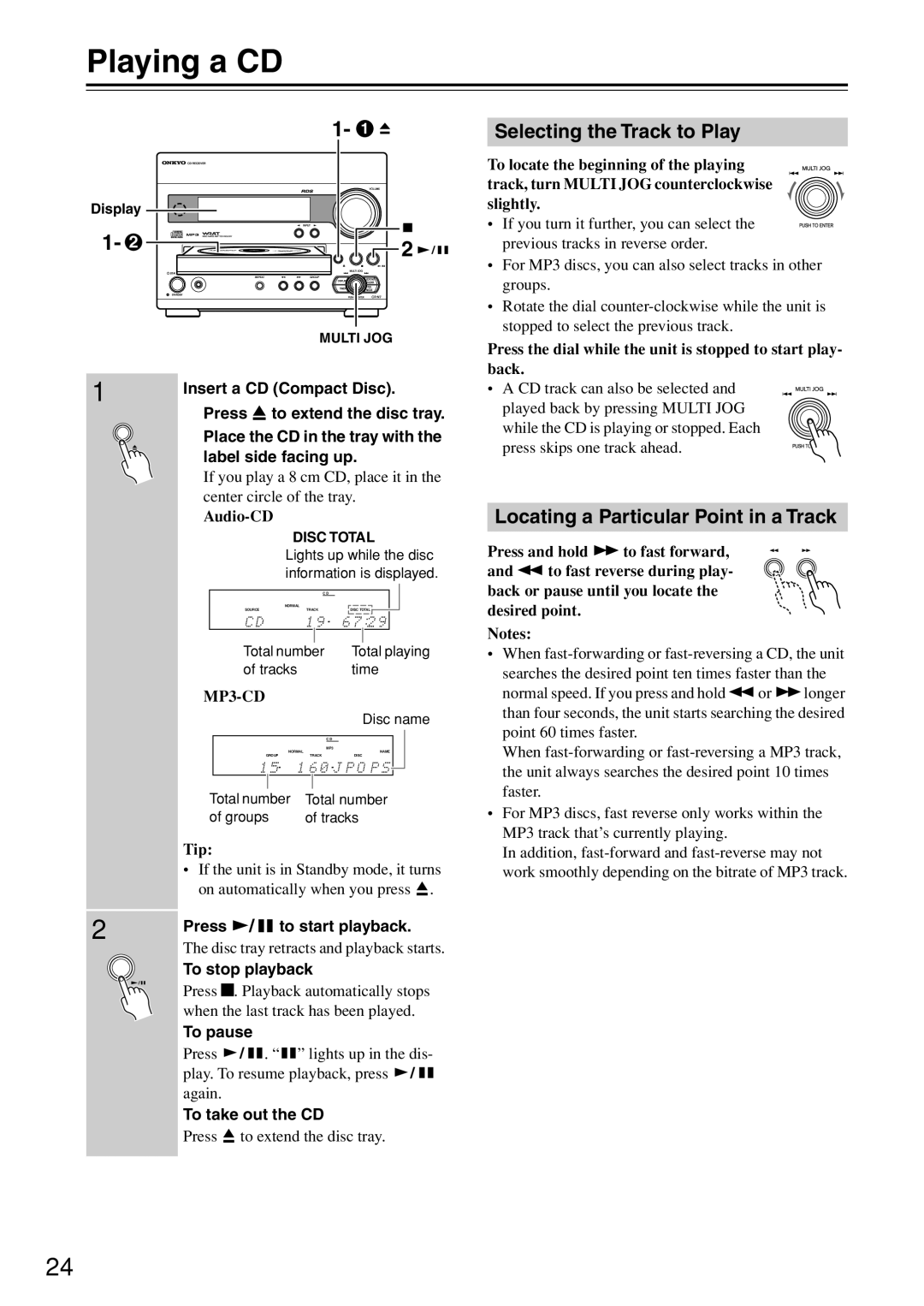 Onkyo CR-N7 instruction manual Playing a CD, Selecting the Track to Play, Locating a Particular Point in a Track 