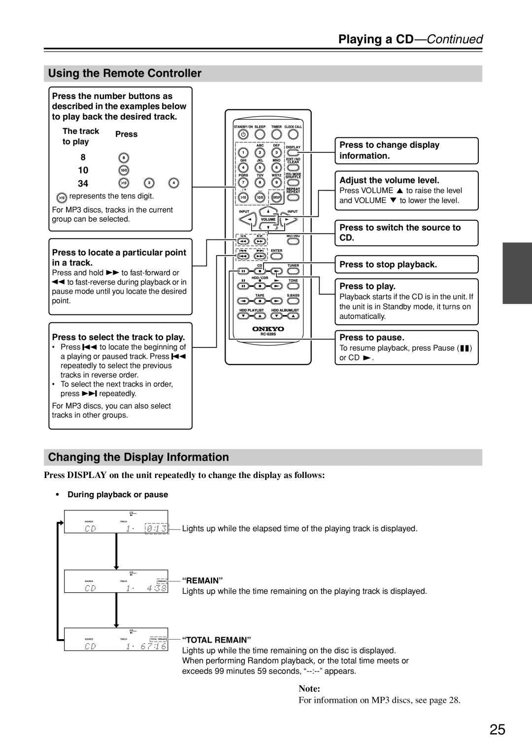 Onkyo CR-N7 instruction manual Playing a CD, Changing the Display Information 