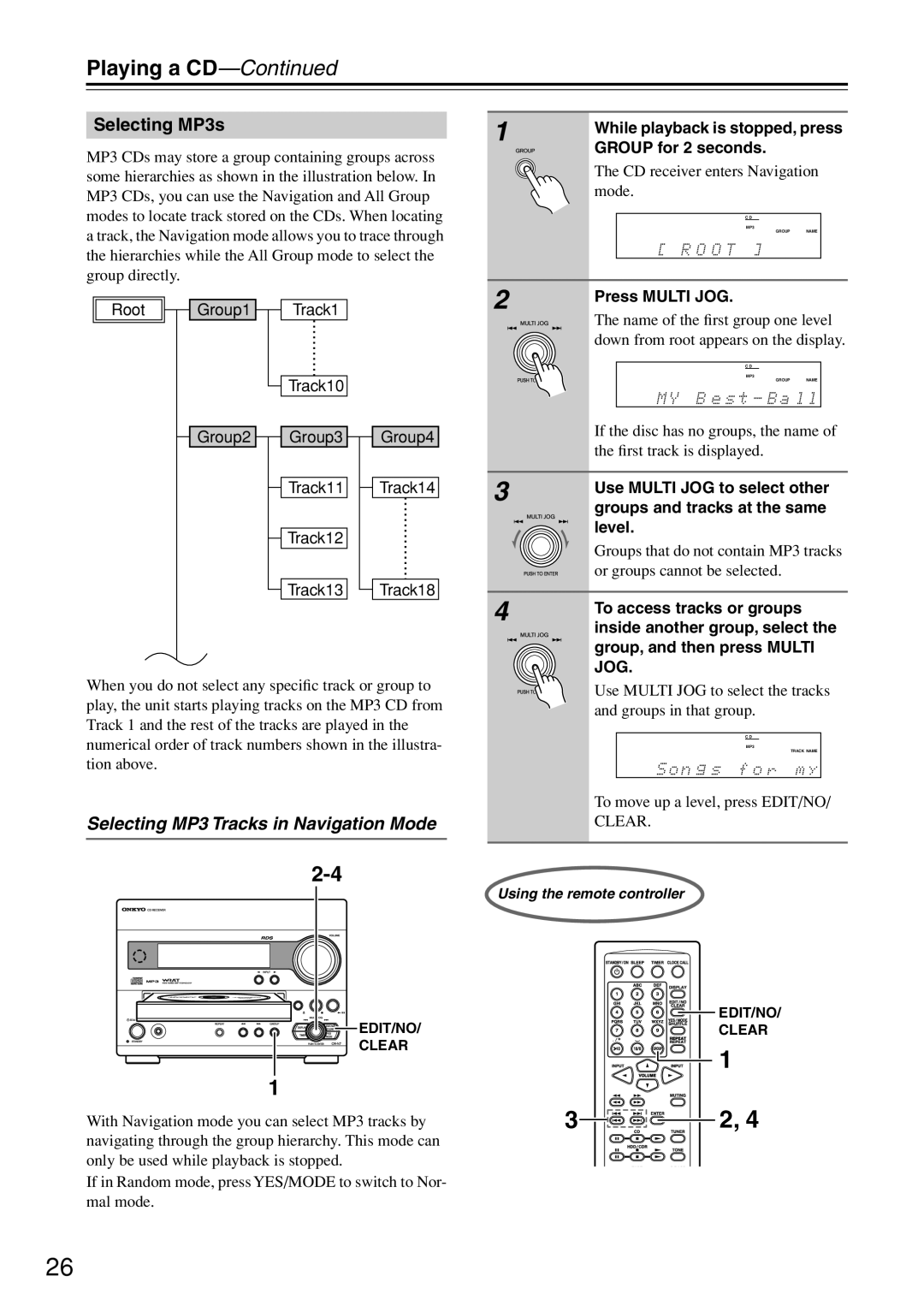 Onkyo CR-N7 instruction manual Selecting MP3 Tracks in Navigation Mode 