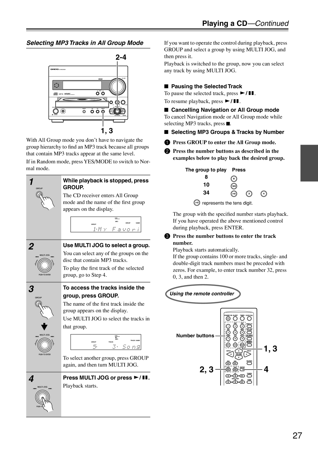 Onkyo CR-N7 instruction manual Selecting MP3 Tracks in All Group Mode 