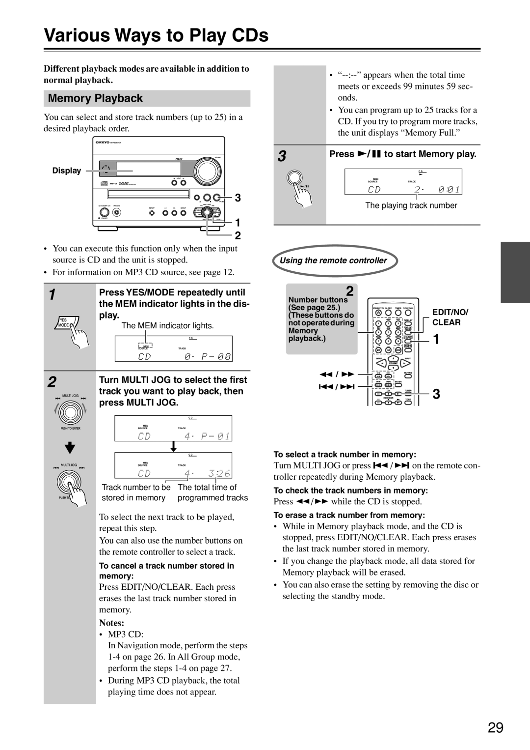 Onkyo CR-N7 Various Ways to Play CDs, Memory Playback, Turn Multi JOG to select the ﬁrst, Press To start Memory play 