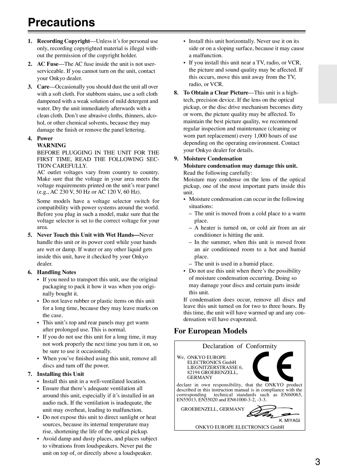 Onkyo CR-N7 instruction manual Precautions, Power, Installing this Unit 