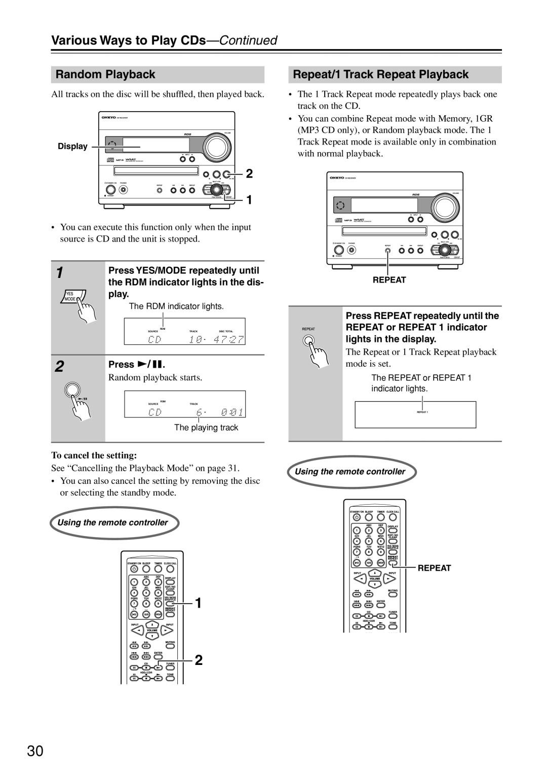 Onkyo CR-N7 instruction manual Various Ways to Play CDs, Random Playback, Repeat/1 Track Repeat Playback 