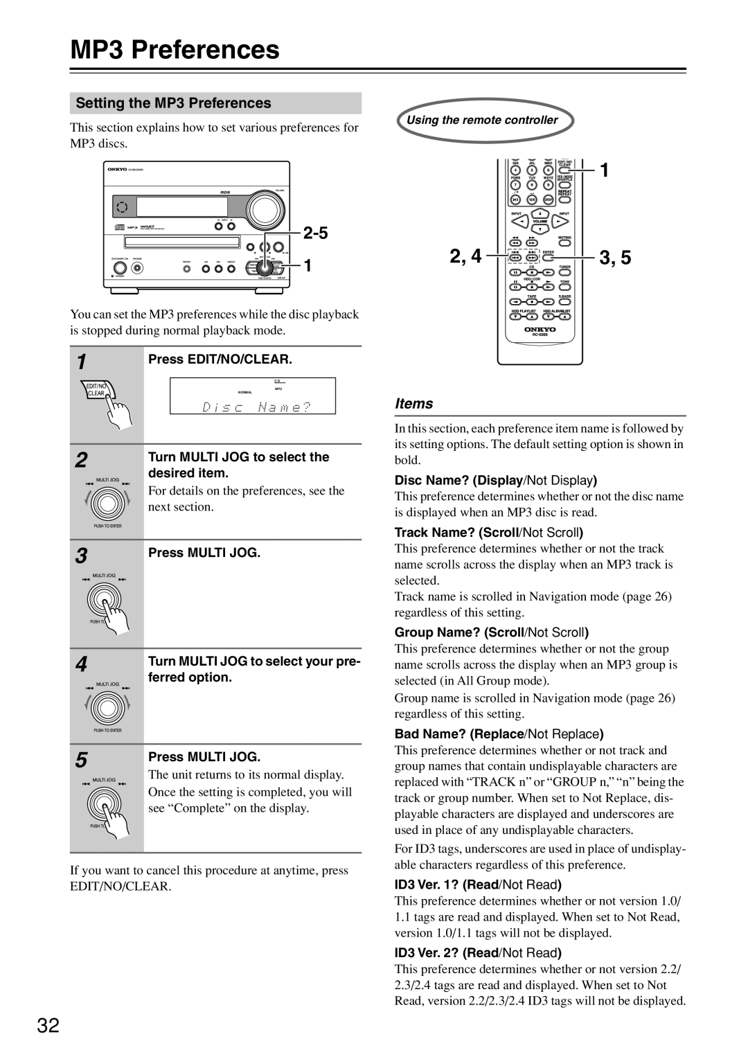 Onkyo CR-N7 instruction manual MP3 Preferences, Items 