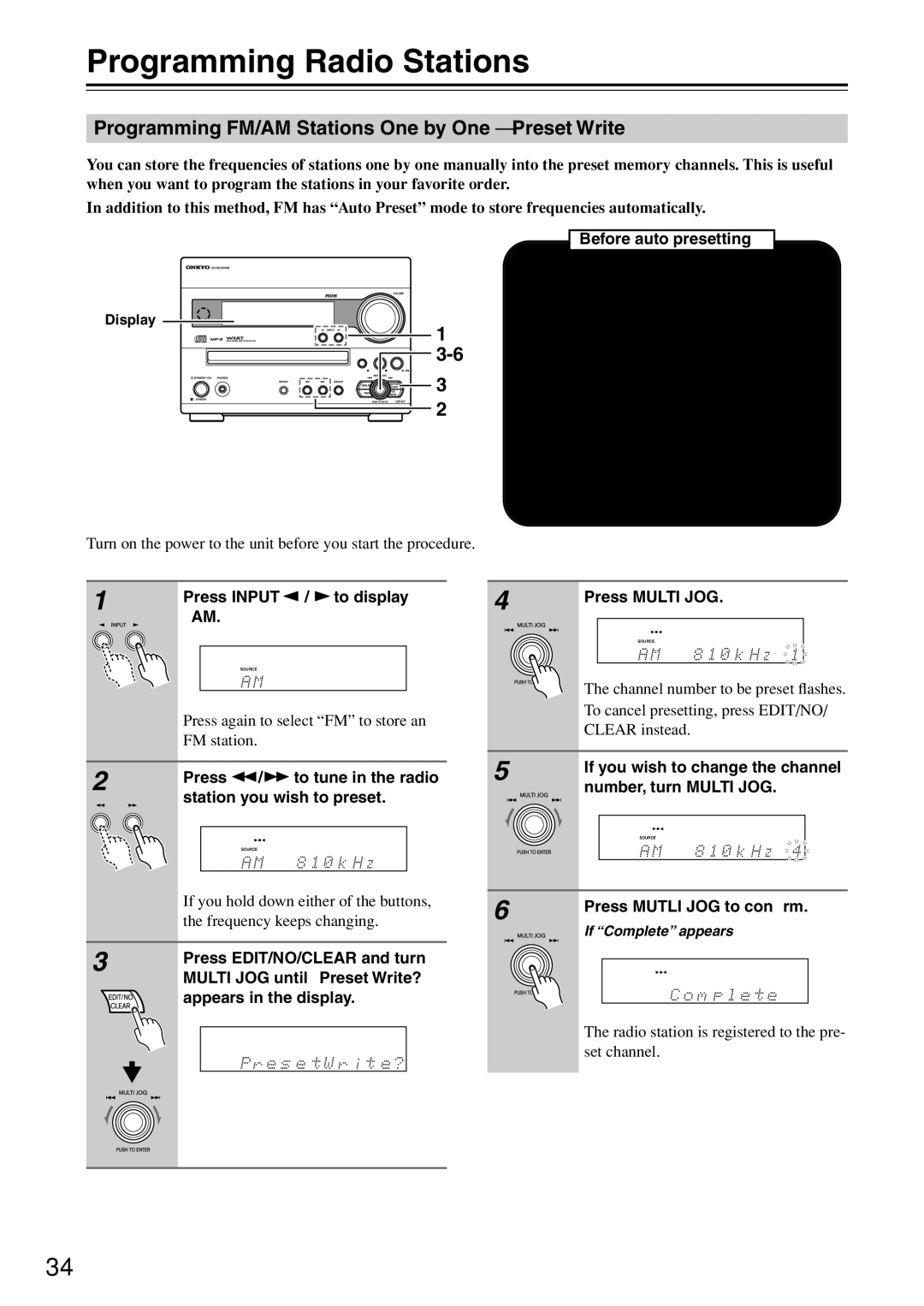 Onkyo CR-N7 instruction manual Programming Radio Stations, Programming FM/AM Stations One by One Preset Write 