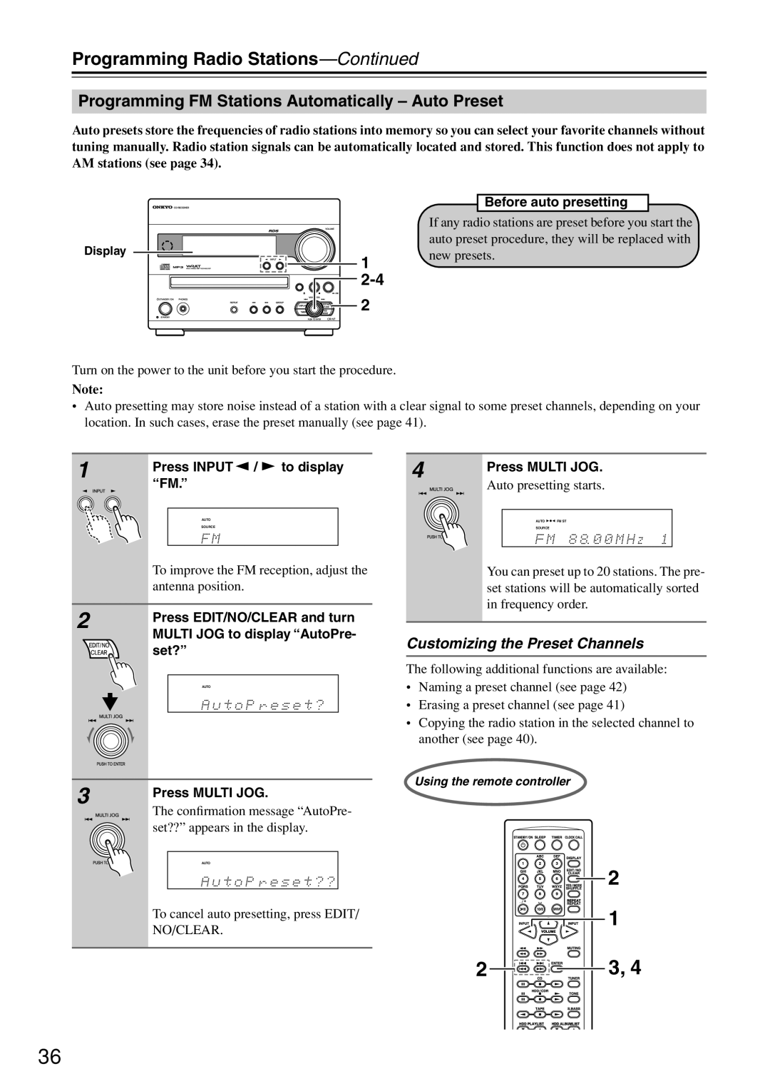 Onkyo CR-N7 instruction manual Programming FM Stations Automatically Auto Preset, Press Input / to display FM 