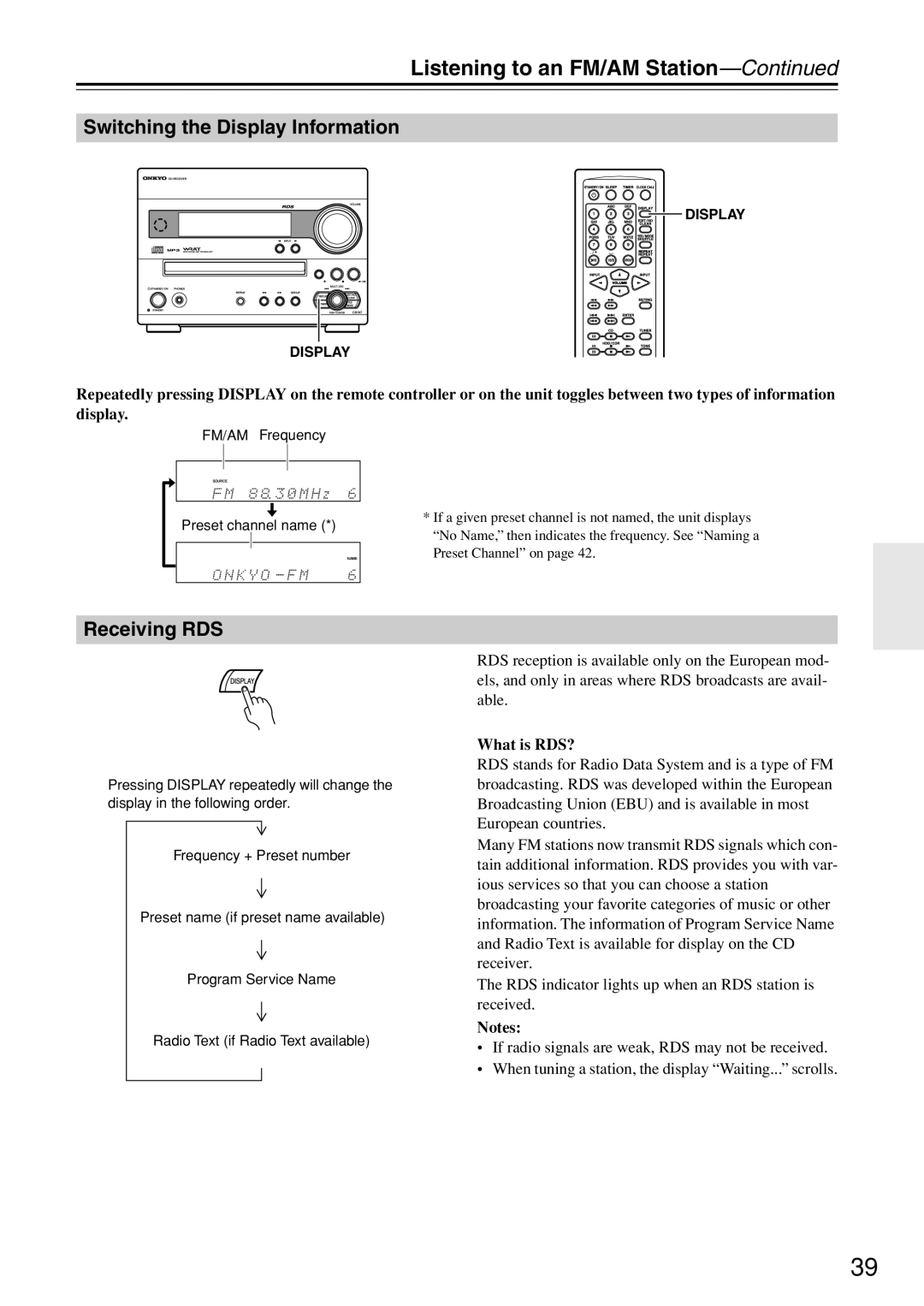 Onkyo CR-N7 instruction manual Switching the Display Information, Receiving RDS, What is RDS? 