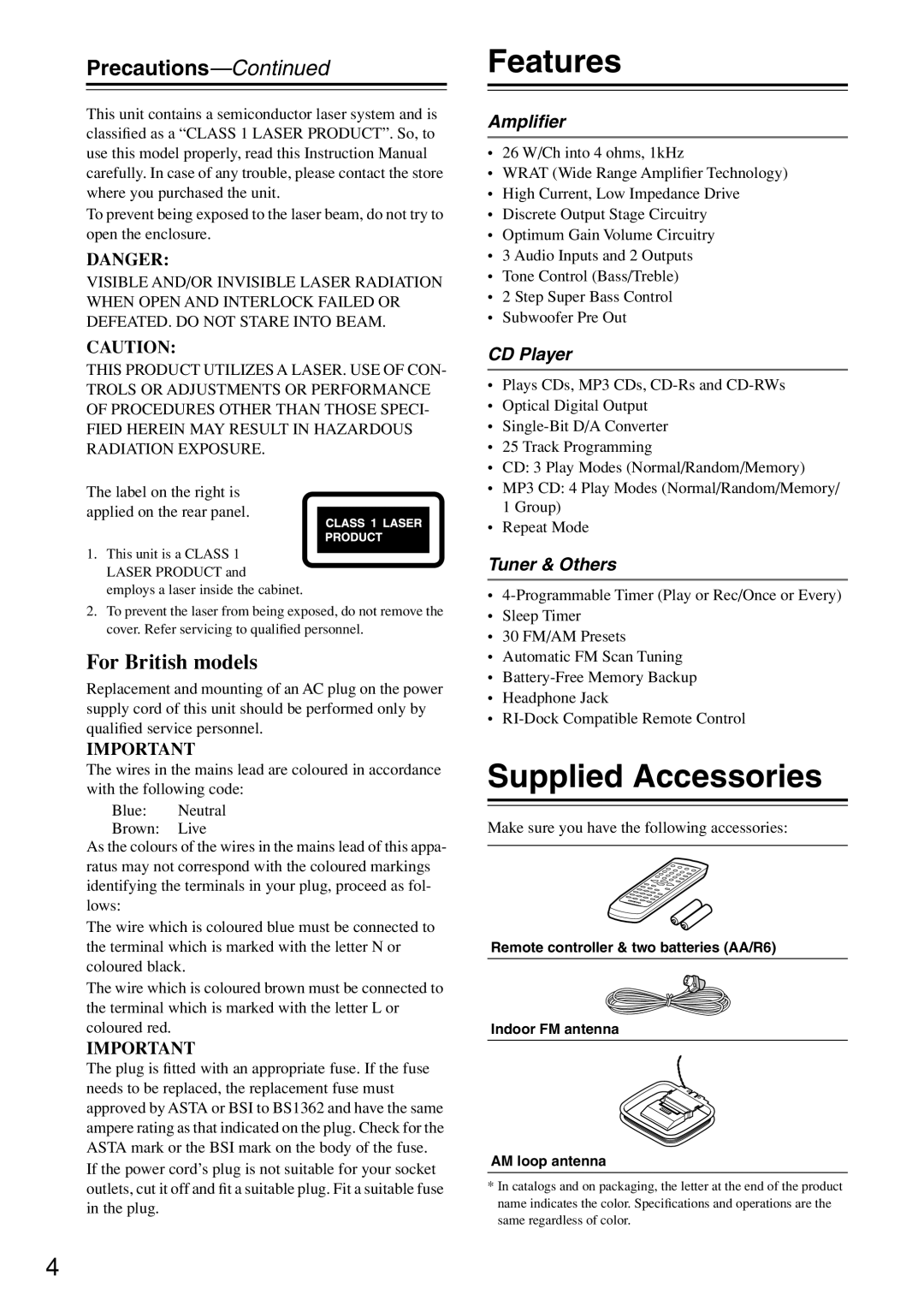 Onkyo CR-N7 instruction manual Features, Supplied Accessories, Precautions 