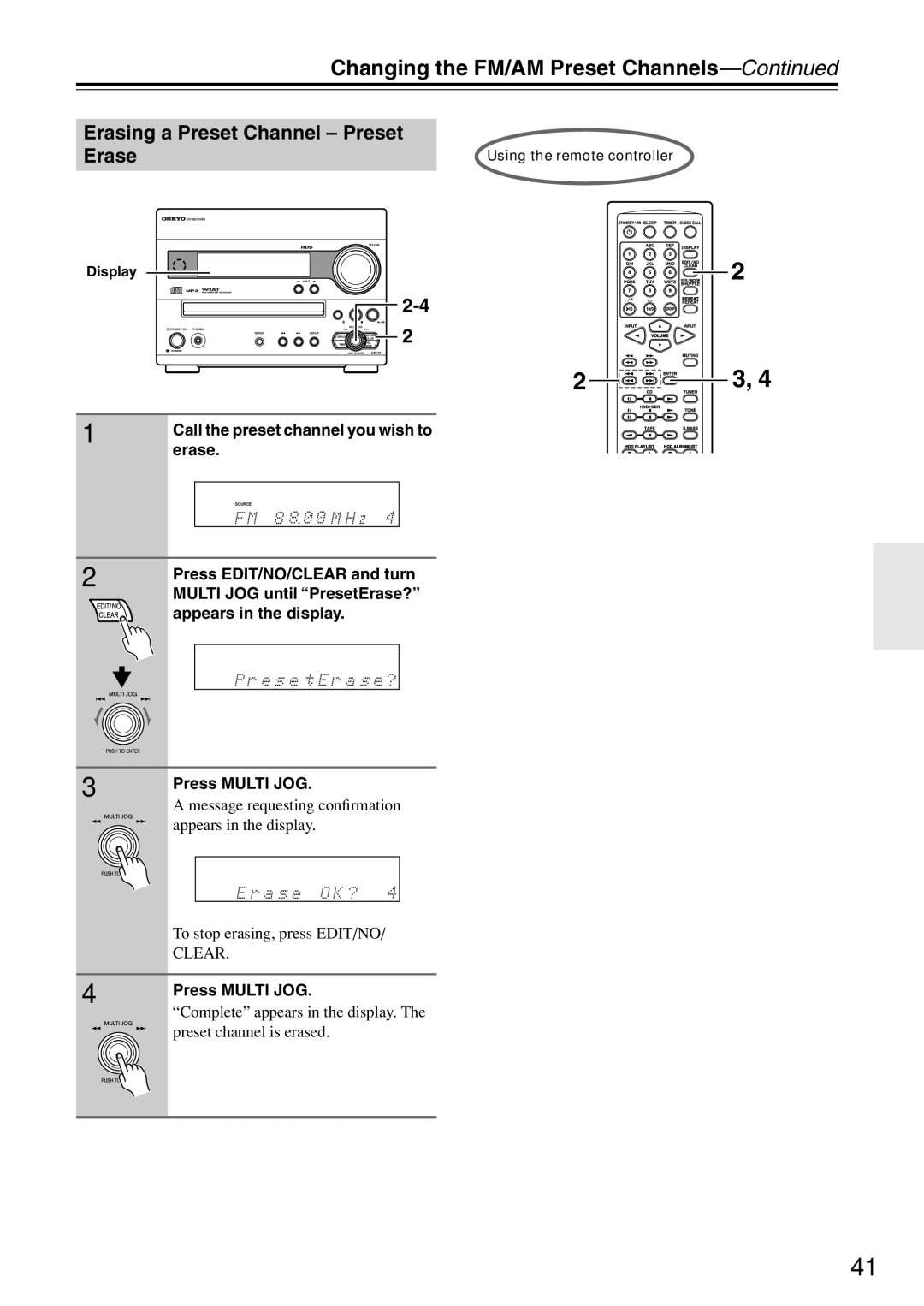 Onkyo CR-N7 Changing the FM/AM Preset Channels, Erasing a Preset Channel Preset, Multi JOG until PresetErase? 