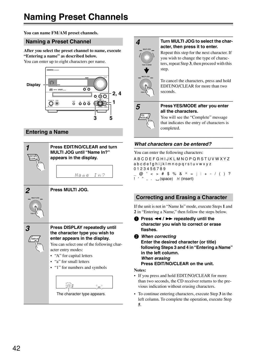 Onkyo CR-N7 Naming Preset Channels, Naming a Preset Channel, Entering a Name, Correcting and Erasing a Character 