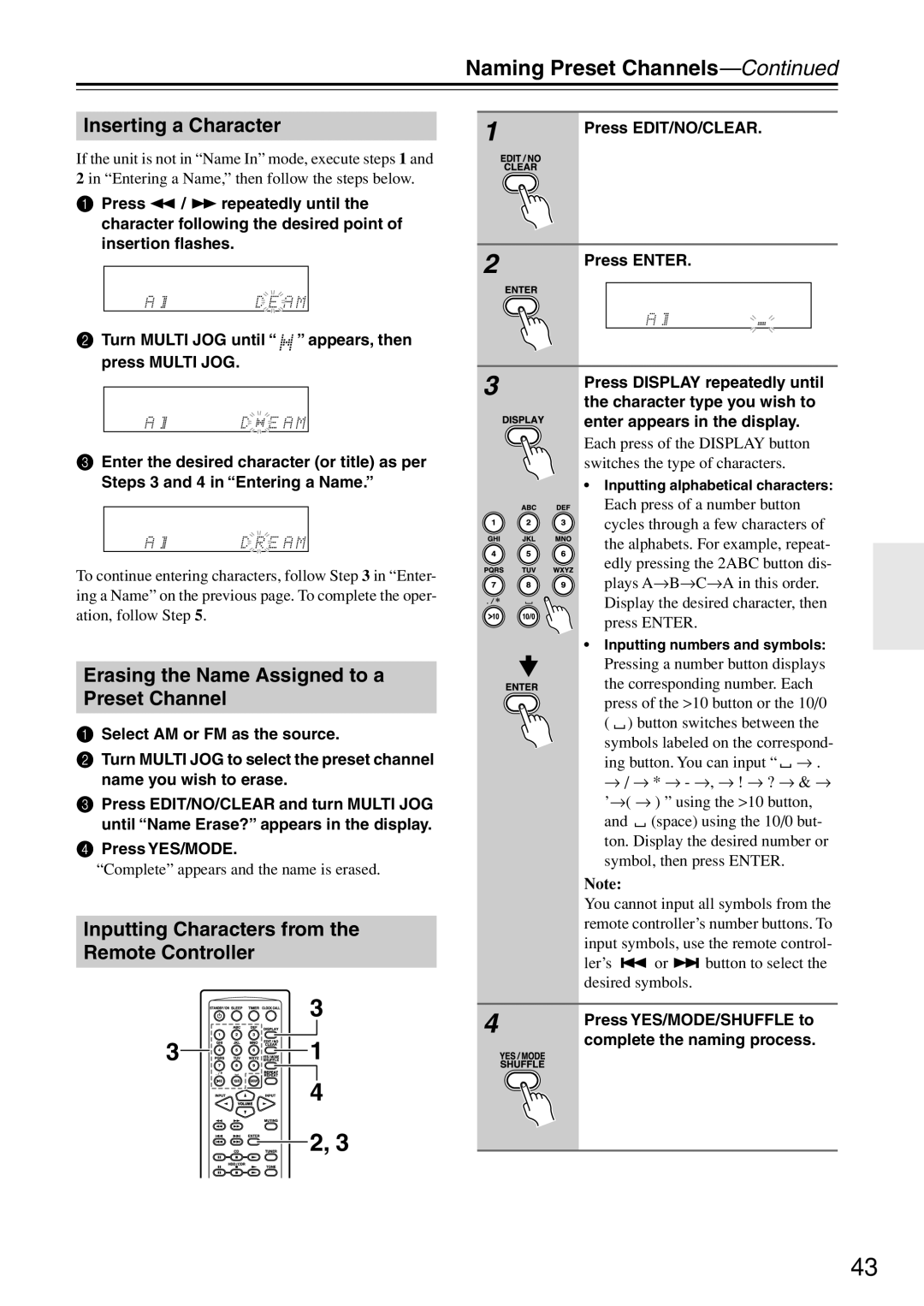 Onkyo CR-N7 instruction manual Naming Preset Channels, Inserting a Character, Erasing the Name Assigned to a Preset Channel 