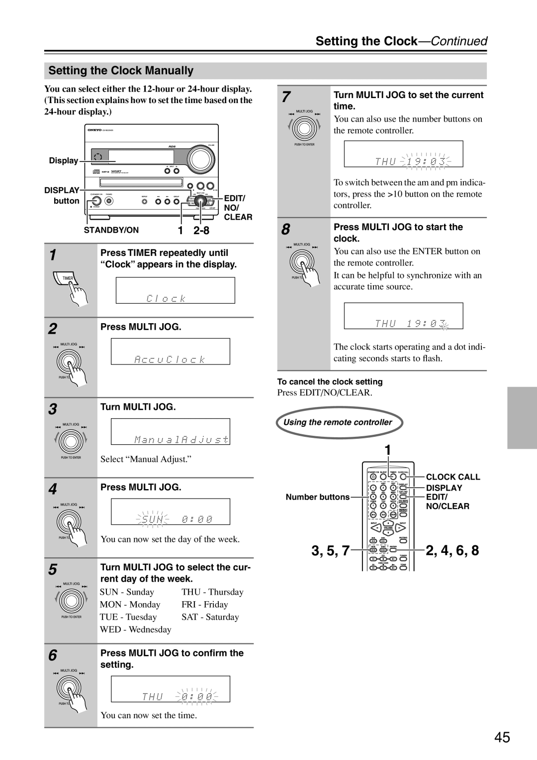 Onkyo CR-N7 instruction manual Setting the Clock Manually 