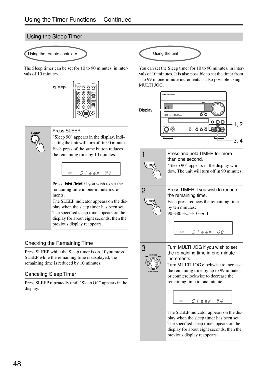 Onkyo CR-N7 Using the Timer Functions, Using the Sleep Timer, Checking the Remaining Time, Canceling Sleep Timer 