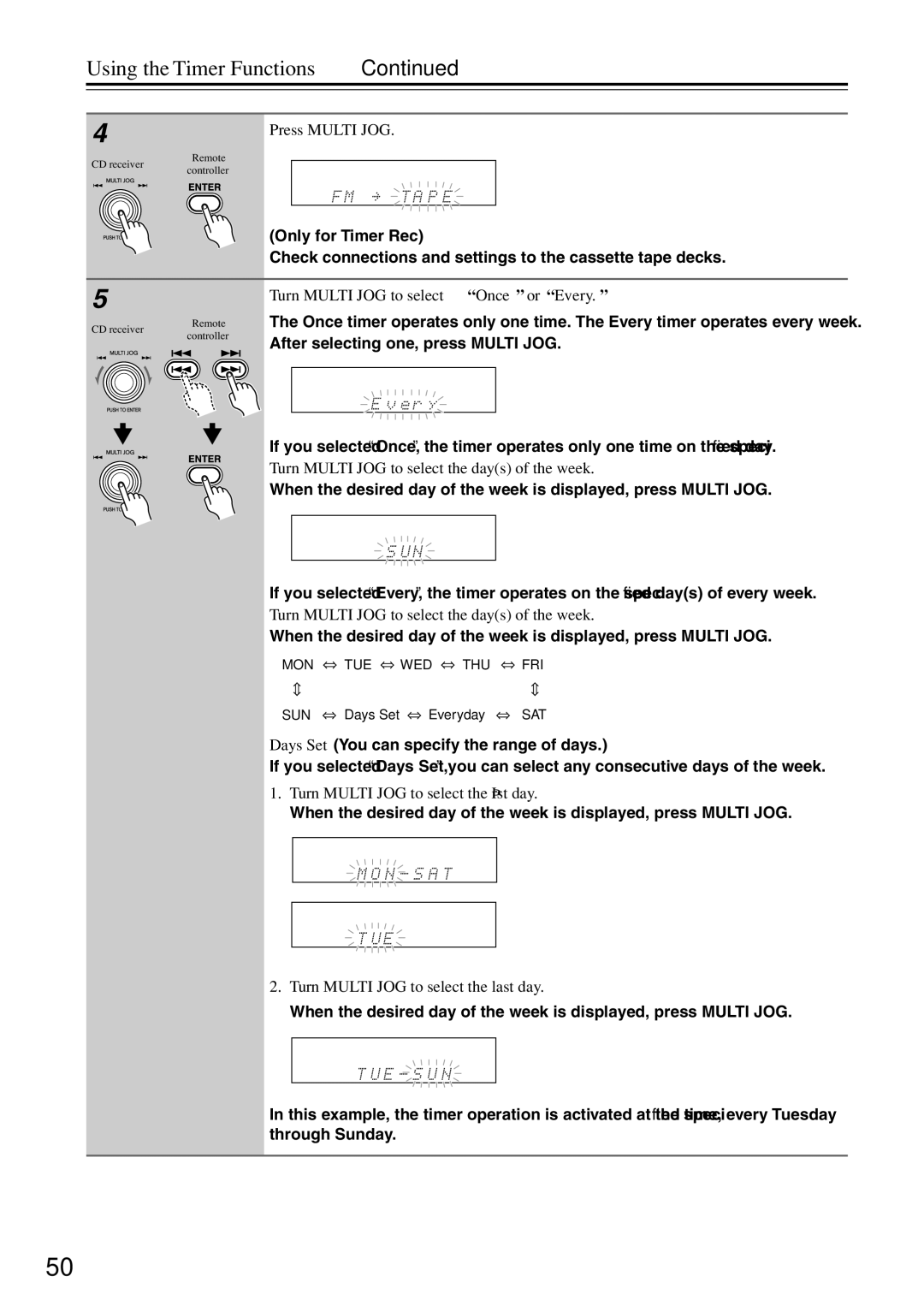 Onkyo CR-N7 instruction manual Turn Multi JOG to select Once or Every, Turn Multi JOG to select the days of the week 