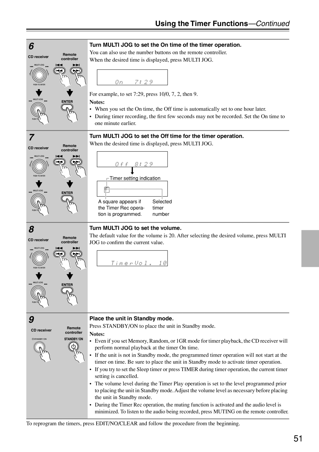 Onkyo CR-N7 instruction manual Turn Multi JOG to set the On time of the timer operation, Turn Multi JOG to set the volume 