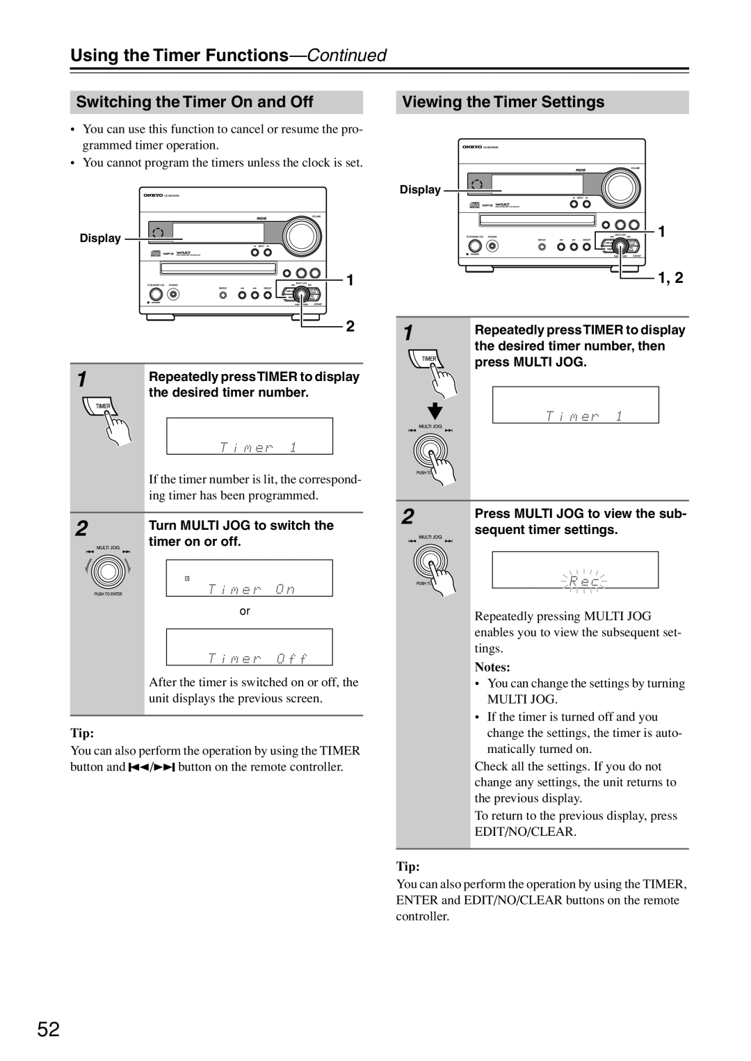 Onkyo CR-N7 instruction manual Switching the Timer On and Off, Viewing the Timer Settings 