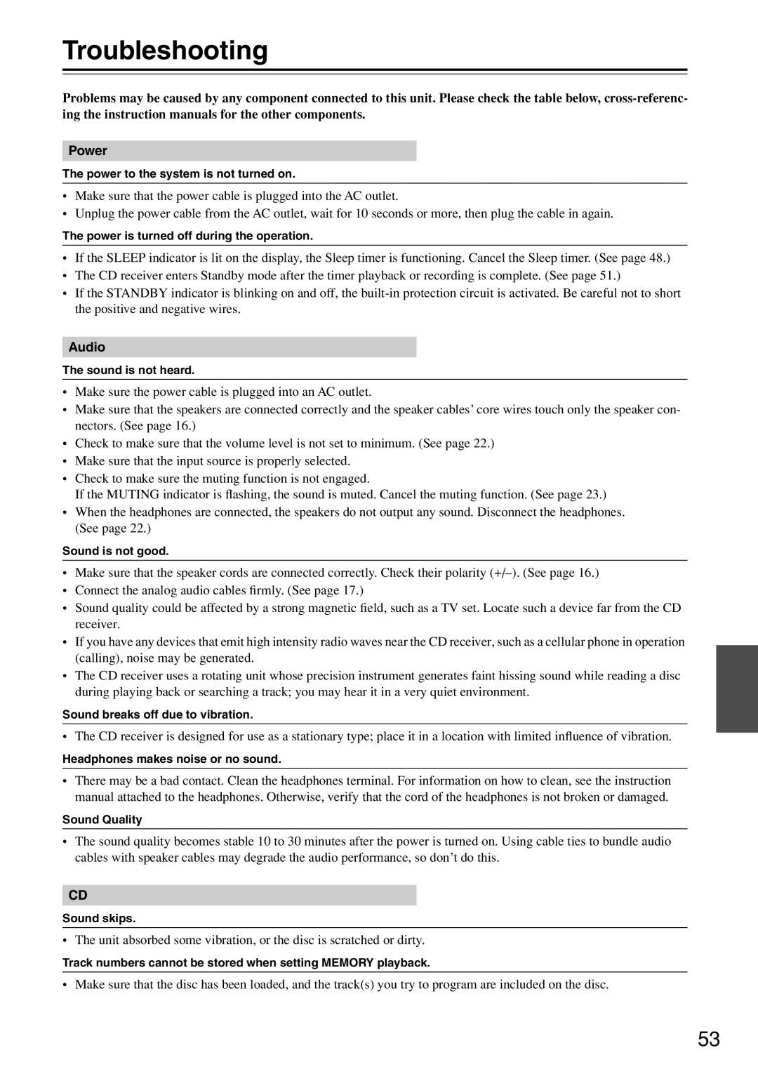 Onkyo CR-N7 instruction manual Troubleshooting, Power, Audio 