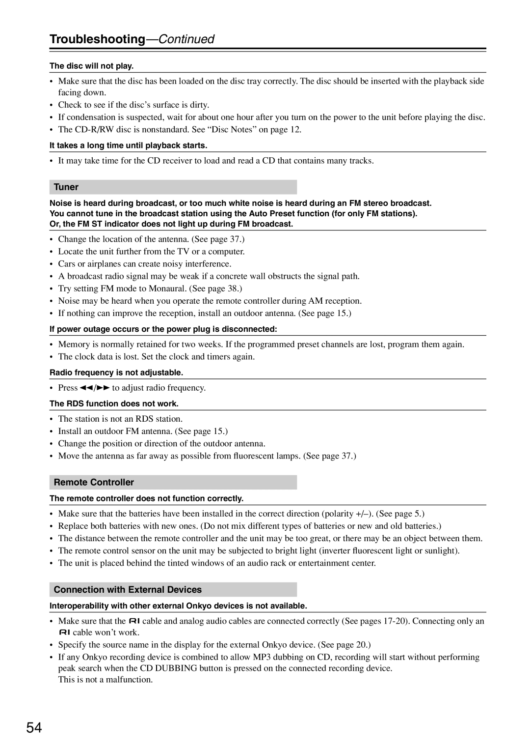 Onkyo CR-N7 instruction manual Troubleshooting, Tuner, Remote Controller, Connection with External Devices 