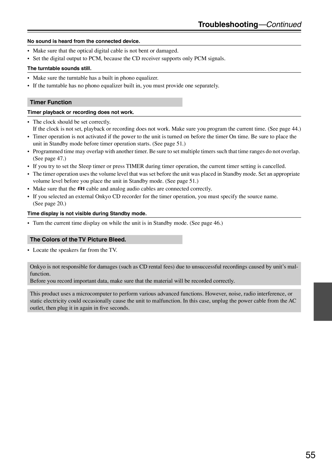 Onkyo CR-N7 instruction manual Timer Function, Colors of the TV Picture Bleed 