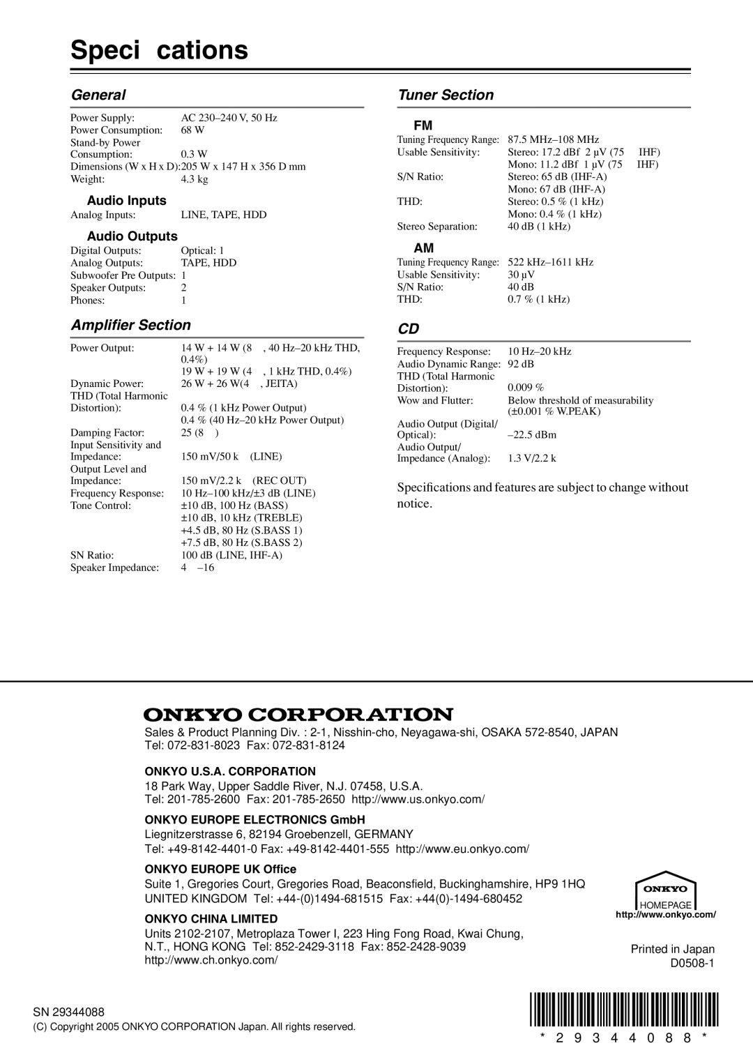 Onkyo CR-N7 instruction manual Speciﬁcations, General, Ampliﬁer Section, Tuner Section 