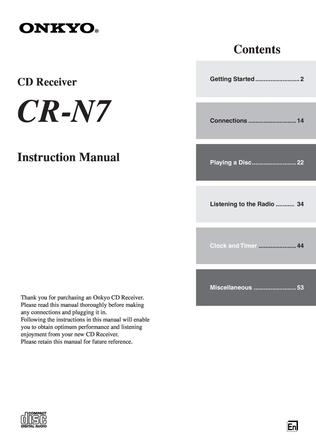 Onkyo CR-N7 instruction manual Listening to the Radio, Contents, CD Receiver 