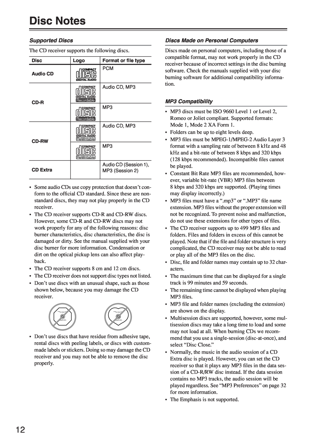 Onkyo CR-N7 instruction manual Disc Notes, Supported Discs, Discs Made on Personal Computers, MP3 Compatibility 
