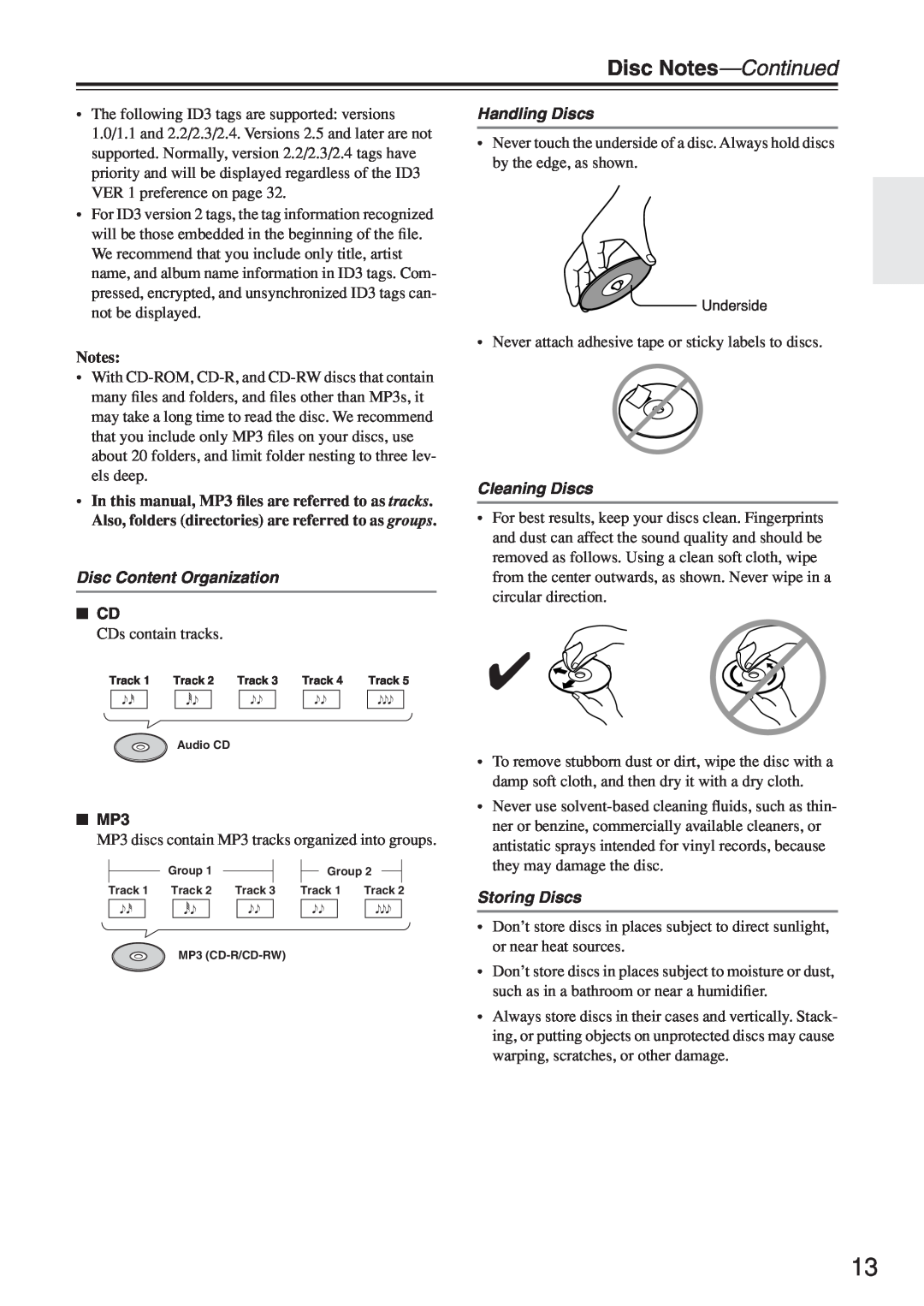 Onkyo CR-N7 Disc Notes-Continued, Disc Content Organization, Handling Discs, Cleaning Discs, Storing Discs 