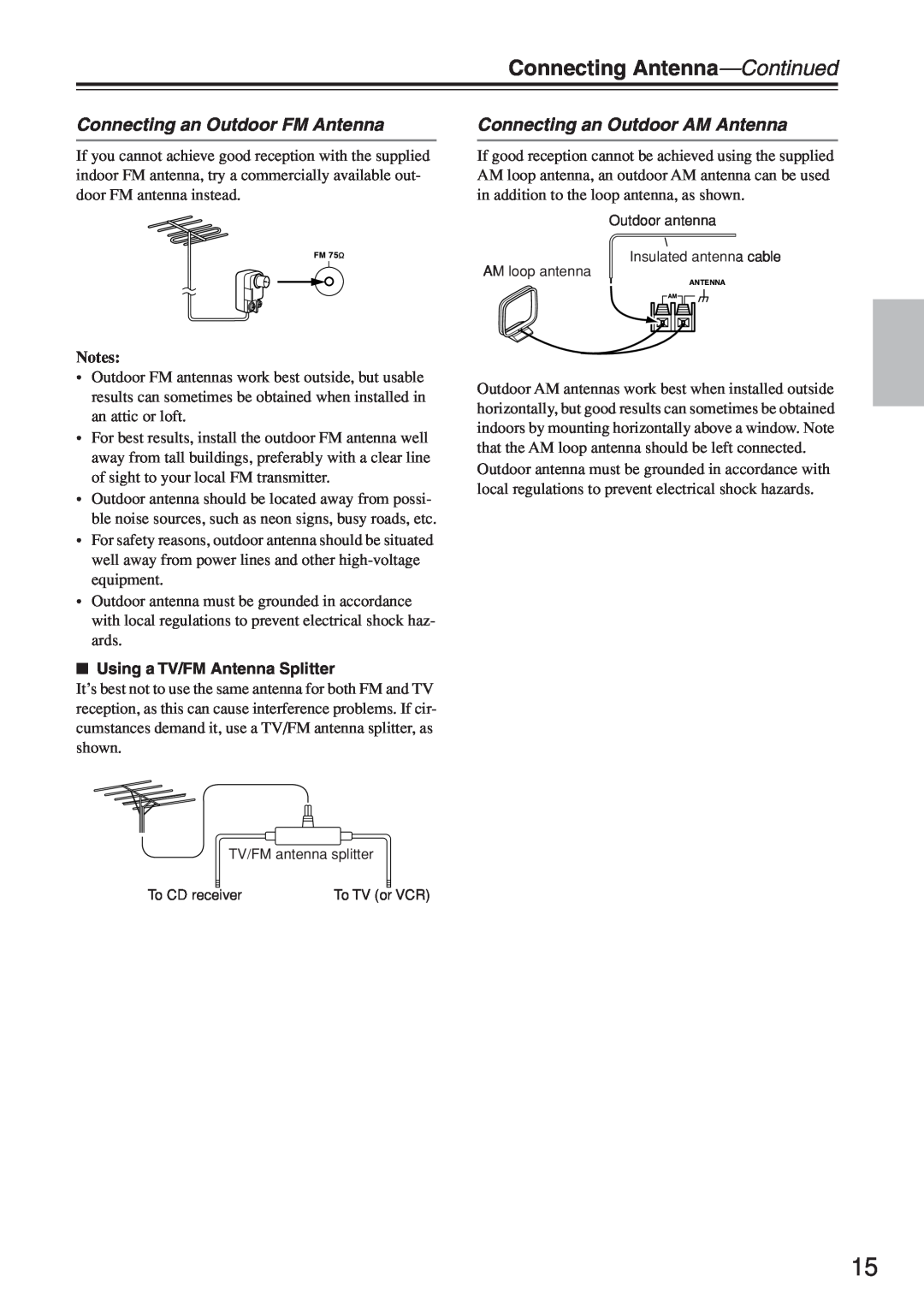 Onkyo CR-N7 Connecting Antenna-Continued, Connecting an Outdoor FM Antenna, Connecting an Outdoor AM Antenna 