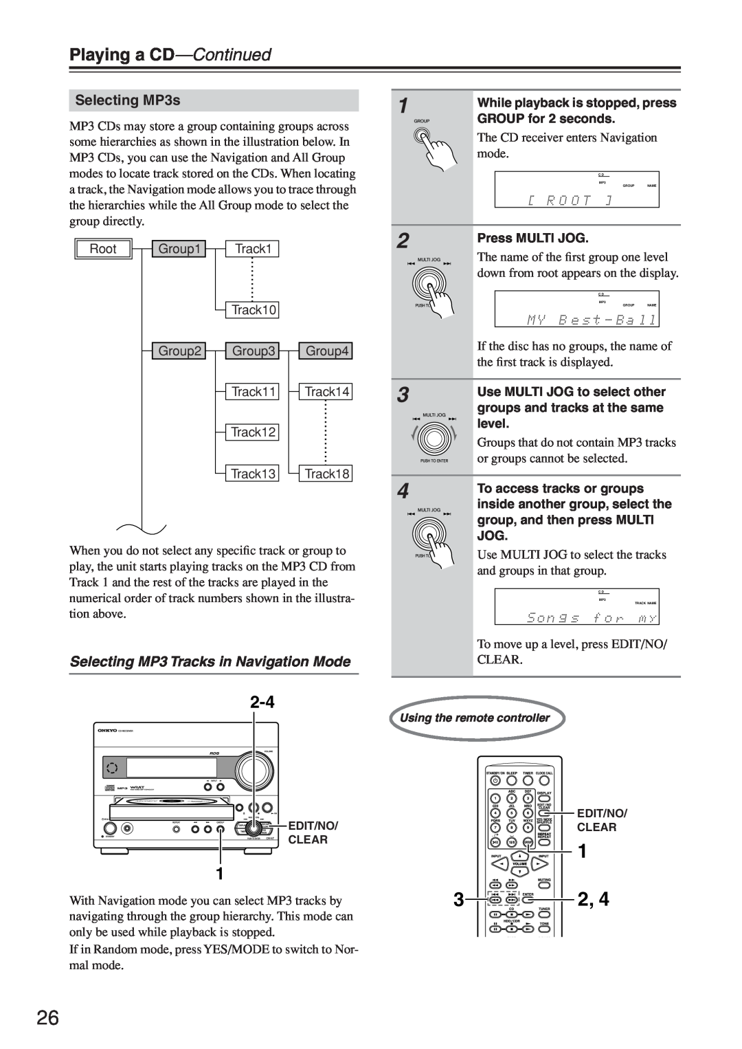 Onkyo CR-N7 instruction manual Selecting MP3s, Selecting MP3 Tracks in Navigation Mode, Playing a CD-Continued, mode, Clear 