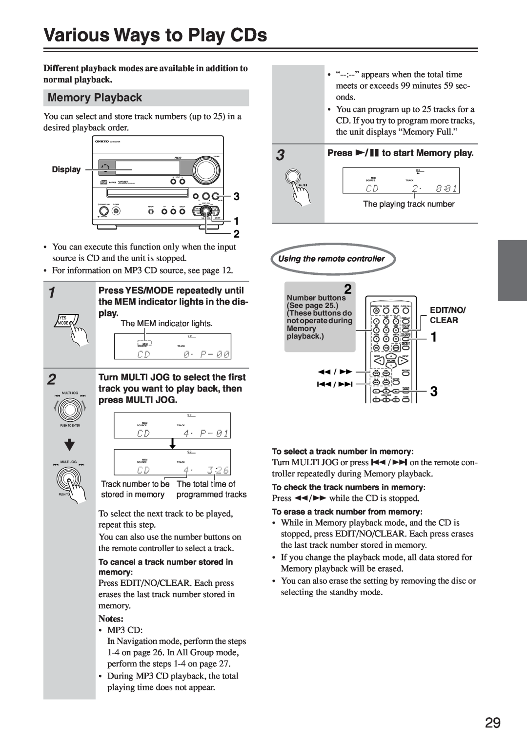 Onkyo CR-N7 instruction manual Various Ways to Play CDs, Memory Playback 