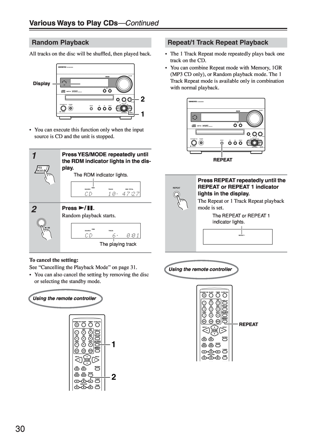 Onkyo CR-N7 Various Ways to Play CDs-Continued, Random Playback, Repeat/1 Track Repeat Playback, Random playback starts 