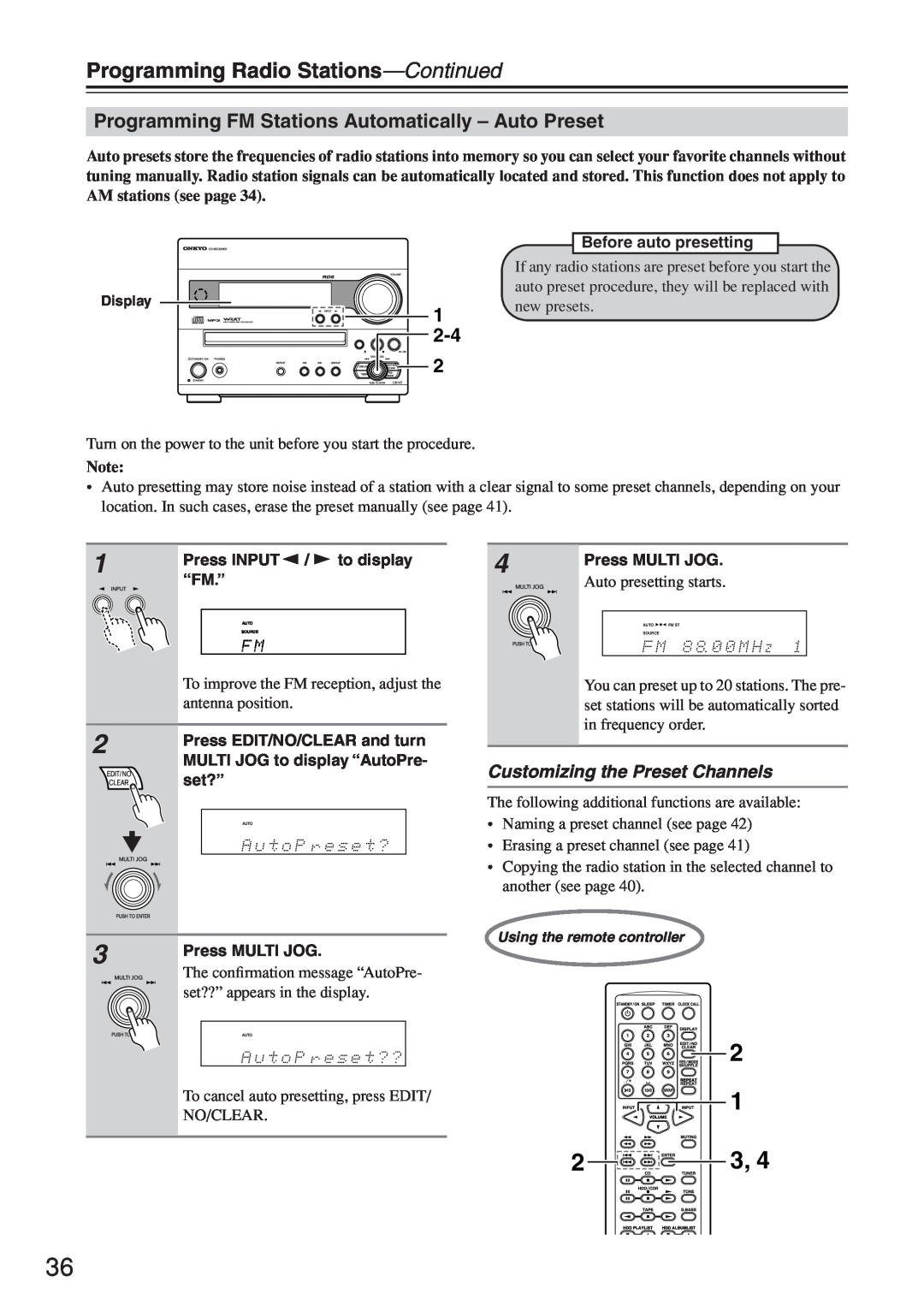 Onkyo CR-N7 instruction manual 2-4, 1 2, Programming Radio Stations-Continued, Customizing the Preset Channels 