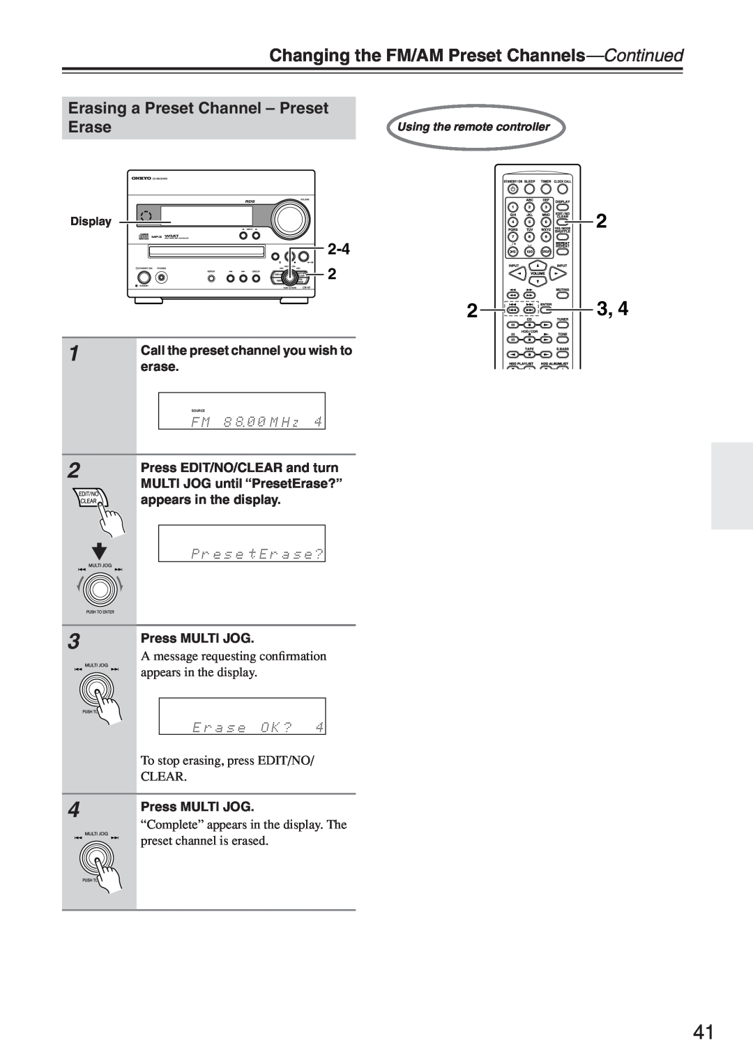 Onkyo CR-N7 instruction manual Changing the FM/AM Preset Channels-Continued, Erasing a Preset Channel - Preset, Erase, 2-4 