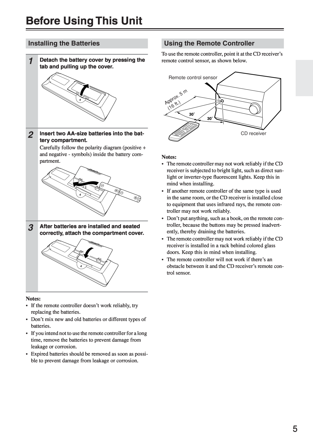 Onkyo CR-N7 instruction manual Before Using This Unit, Installing the Batteries, Using the Remote Controller 