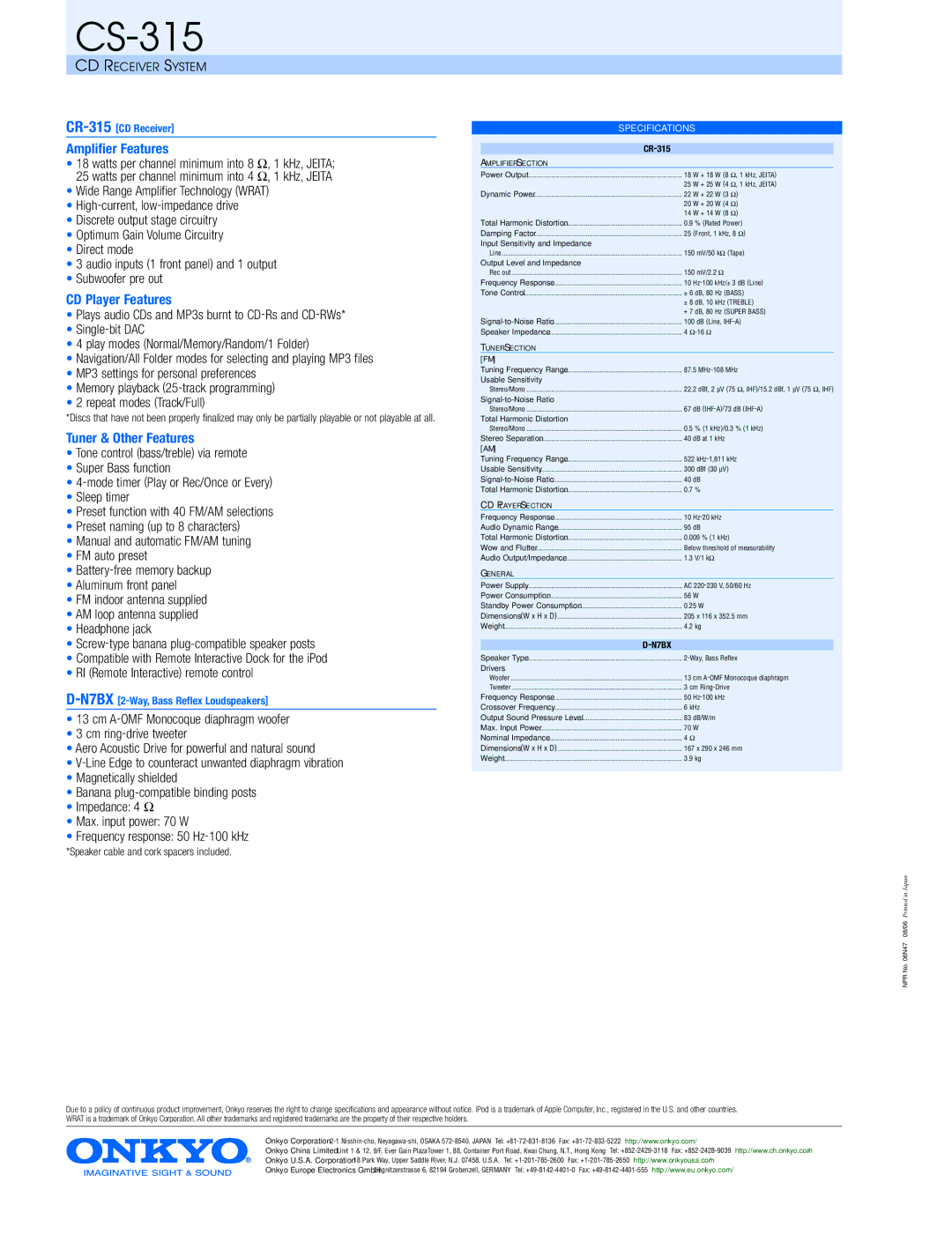 Onkyo CS-315 specifications Amplifier Features, CD Player Features, Tuner & Other Features 