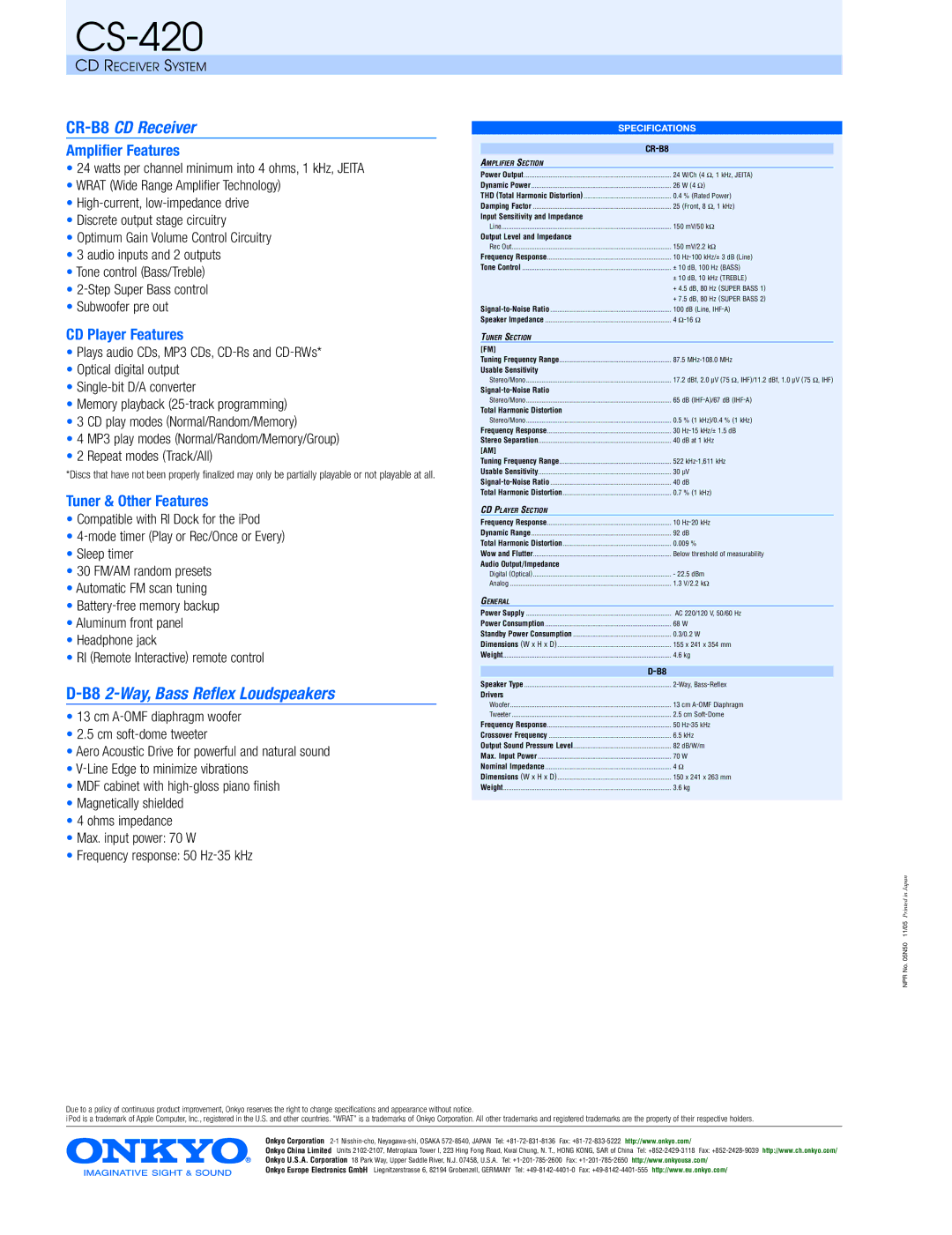 Onkyo CS-420 manual CR-B8CD Receiver, B82-Way, Bass Reflex Loudspeakers, Amplifier Features, CD Player Features 