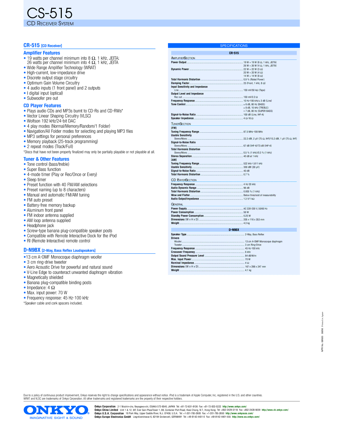 Onkyo CS-515 specifications Amplifier Features, CD Player Features, Tuner & Other Features 