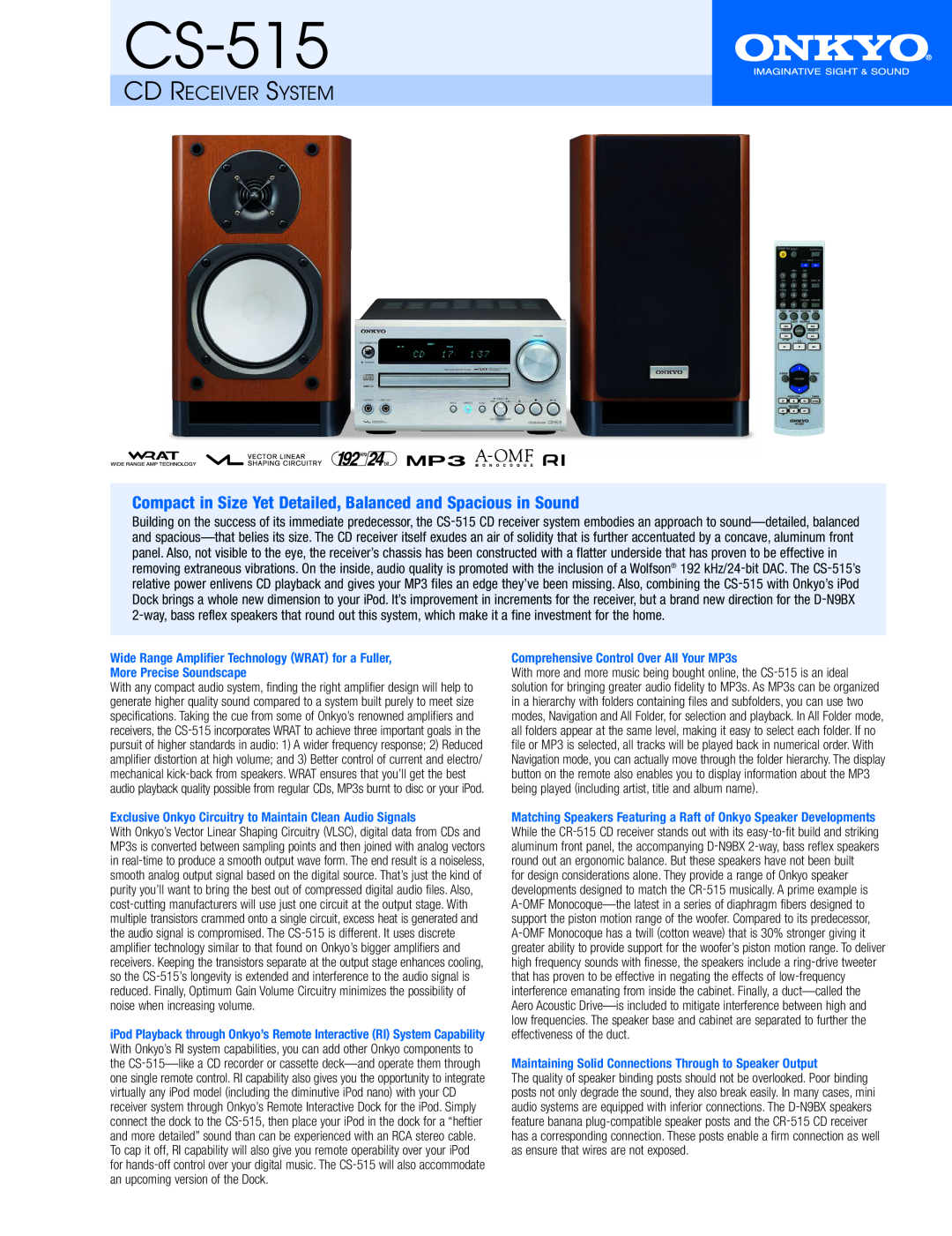 Onkyo CS-515 specifications Cd Receiver System 