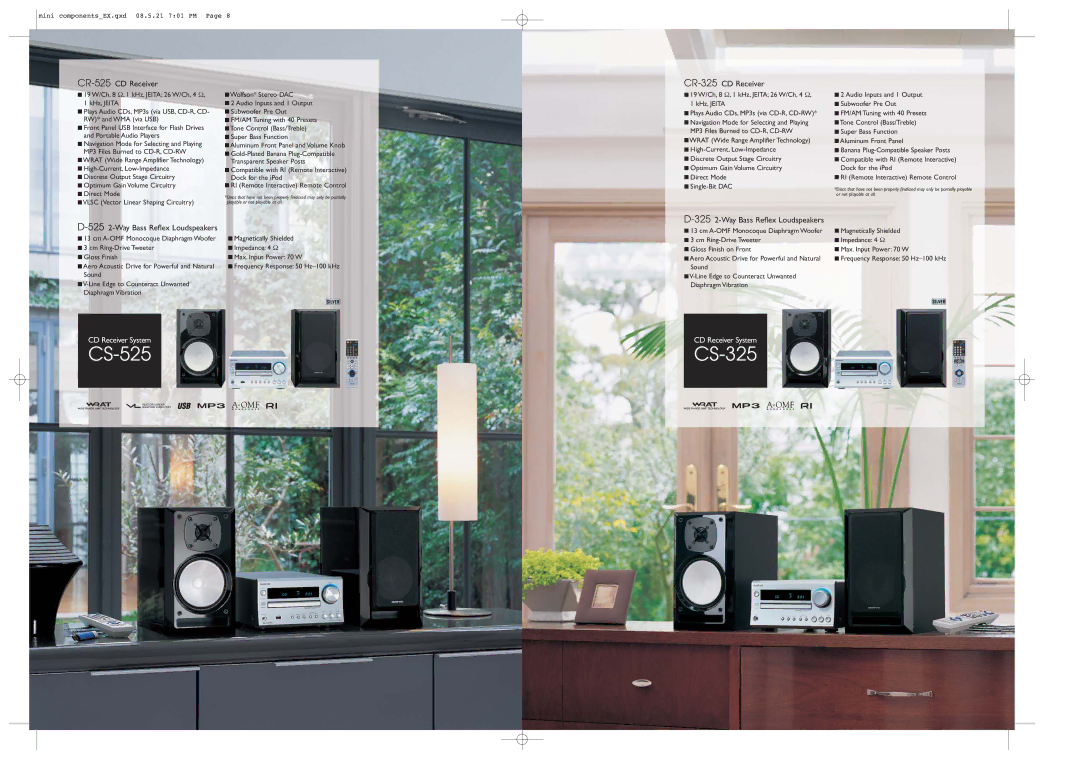 Onkyo CS-525, CS-725 specifications CR-525CD Receiver, CR-325CD Receiver, Way Bass Reflex Loudspeakers 