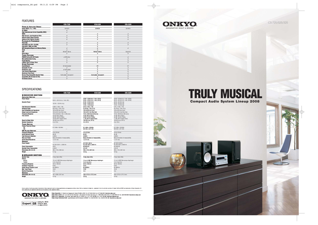 Onkyo specifications Truly Musical, Compact Audio System Lineup, Features, Specifications, CS-725/525/325, Export GB 