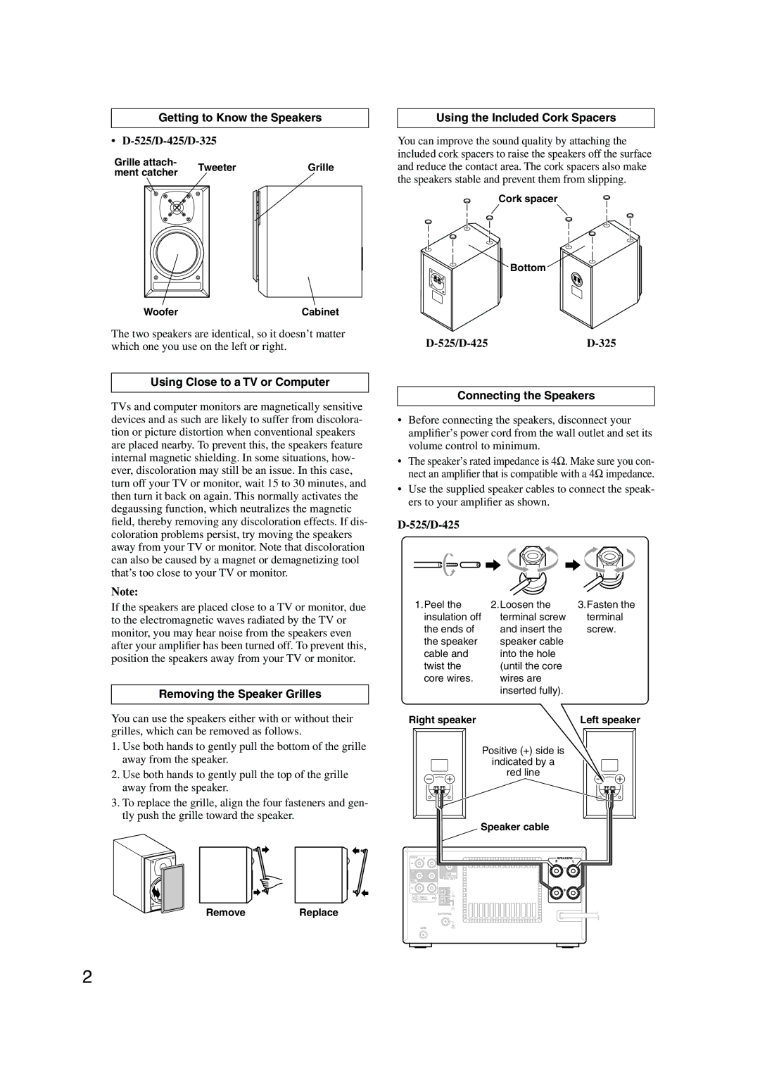 Onkyo D-425, D-325, D-525 Getting to Know the Speakers, Using Close to a TV or Computer, Removing the Speaker Grilles 