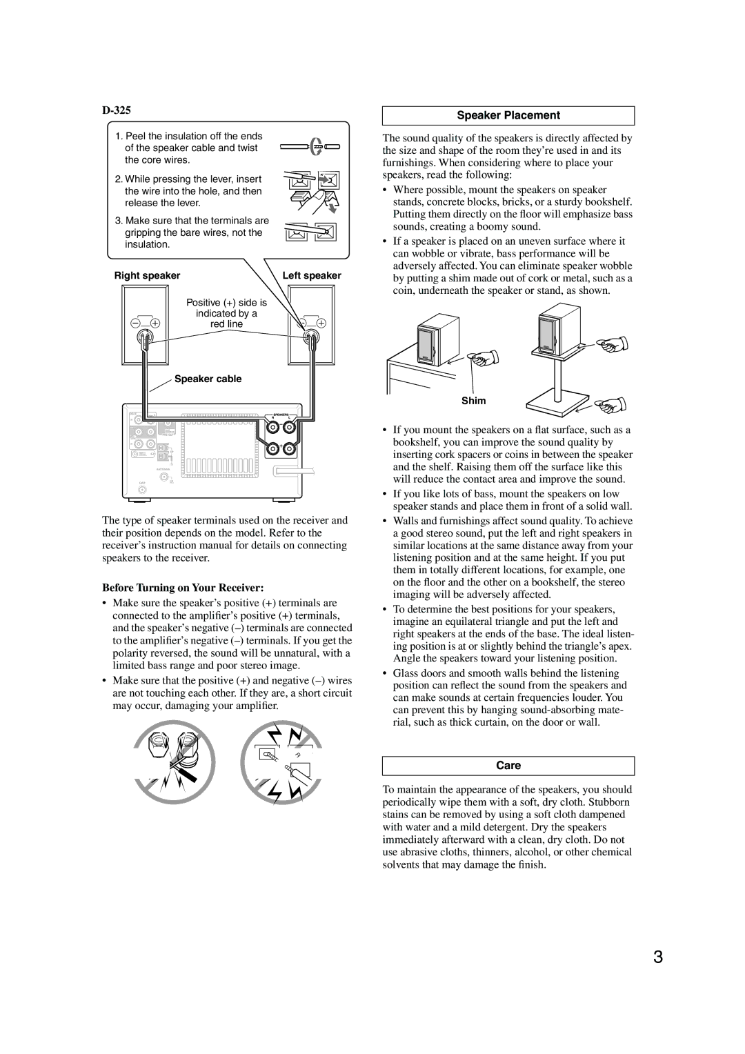 Onkyo D-325, D-525, D-425 instruction manual Before Turning on Your Receiver, Speaker Placement, Care 