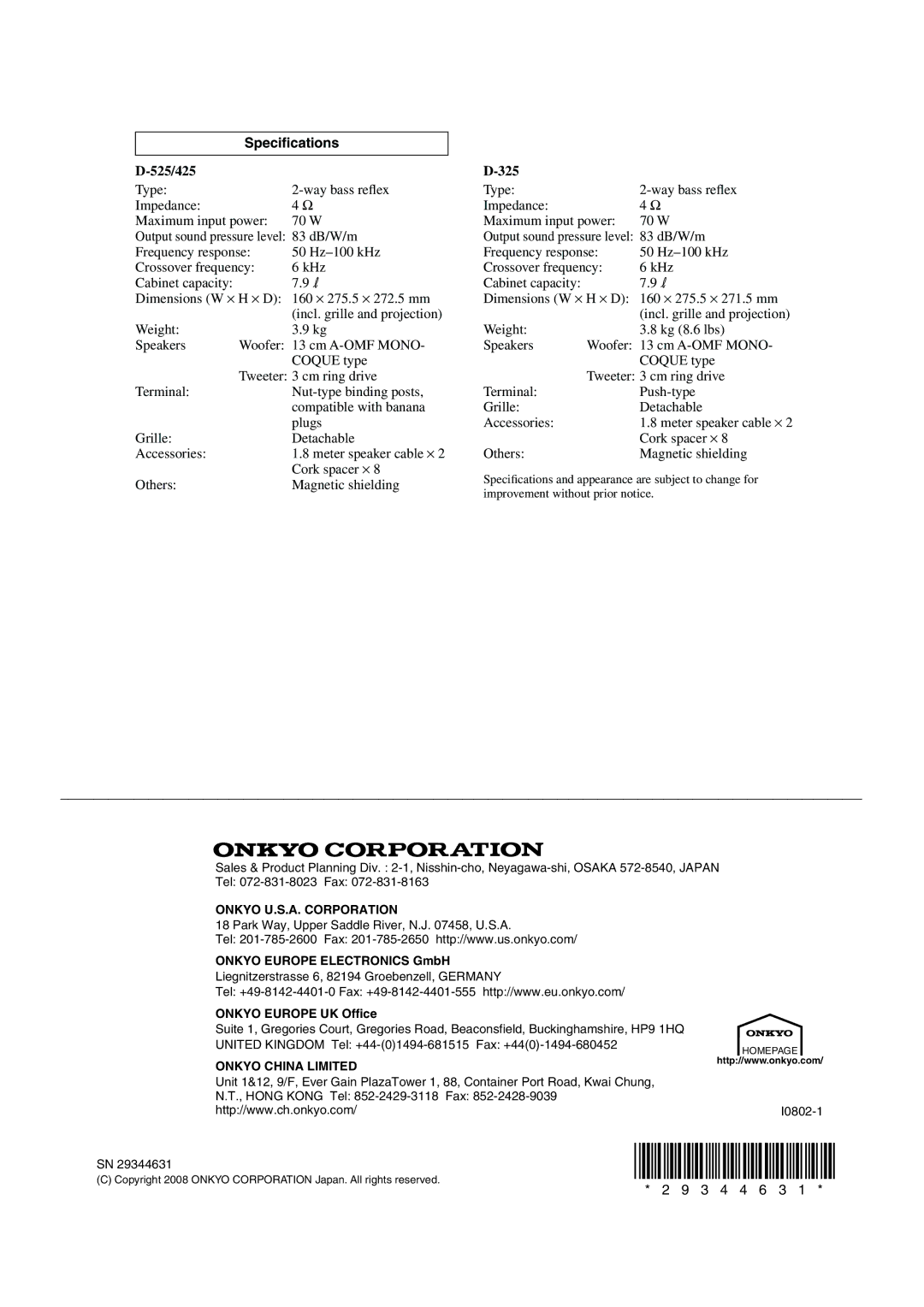 Onkyo D-525, D-325, D-425 instruction manual Speciﬁcations, 525/425 