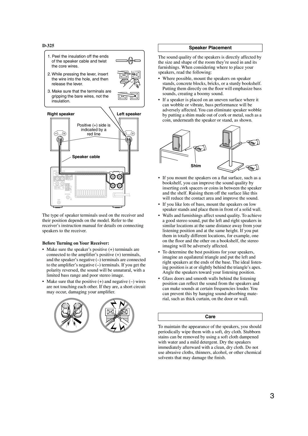 Onkyo D-325, D-525, D-425 instruction manual Before Turning on Your Receiver, Speaker Placement, Care 