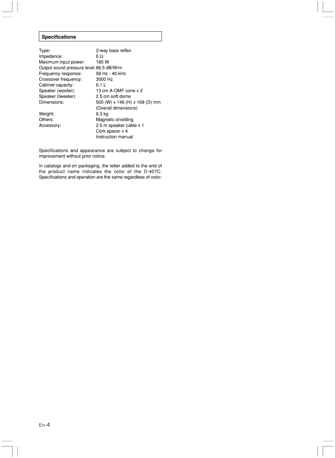 Onkyo D-407C instruction manual Specifications 