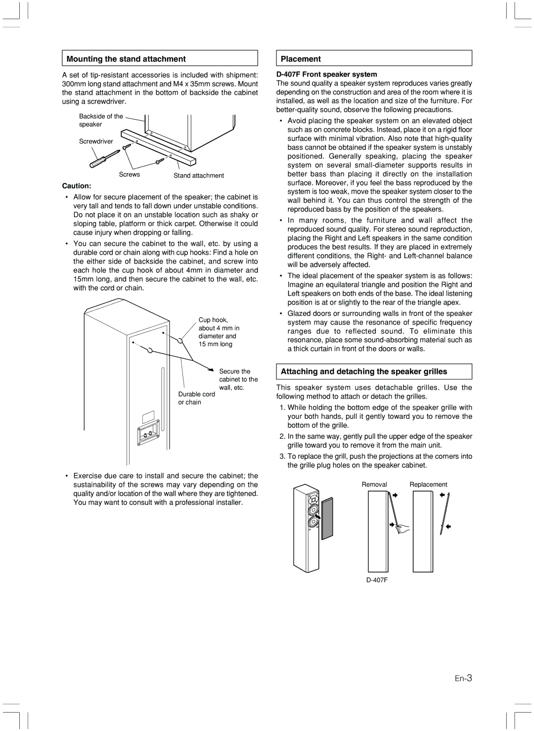 Onkyo D-407F instruction manual Mounting the stand attachment, Placement, Attaching and detaching the speaker grilles 