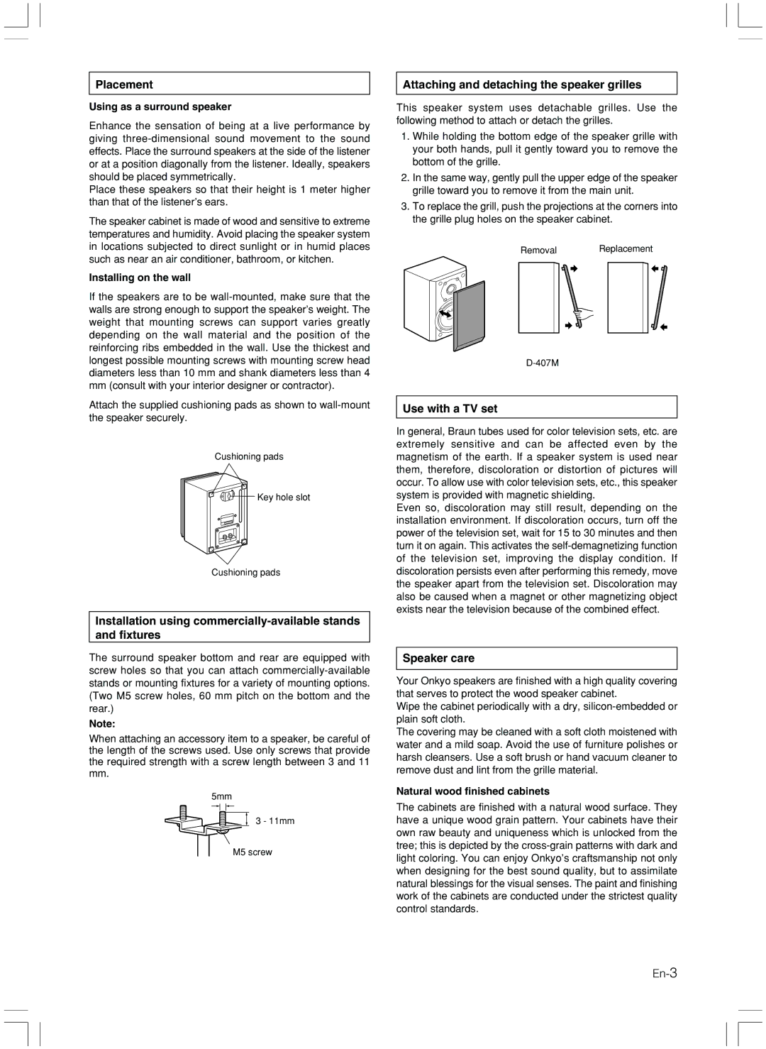 Onkyo D-407M Placement, Attaching and detaching the speaker grilles, Use with a TV set, Speaker care, En-3 